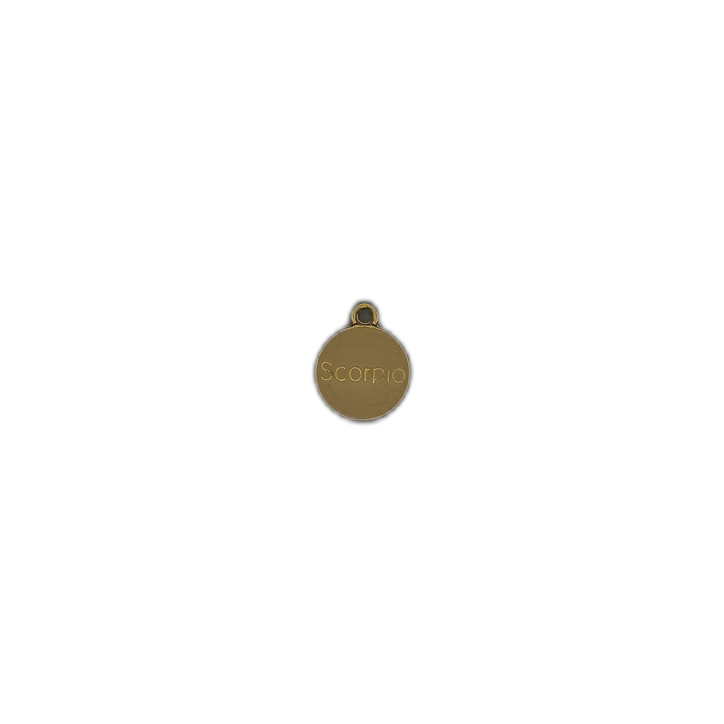 Small gold round Scorpio charm centered on a black background.