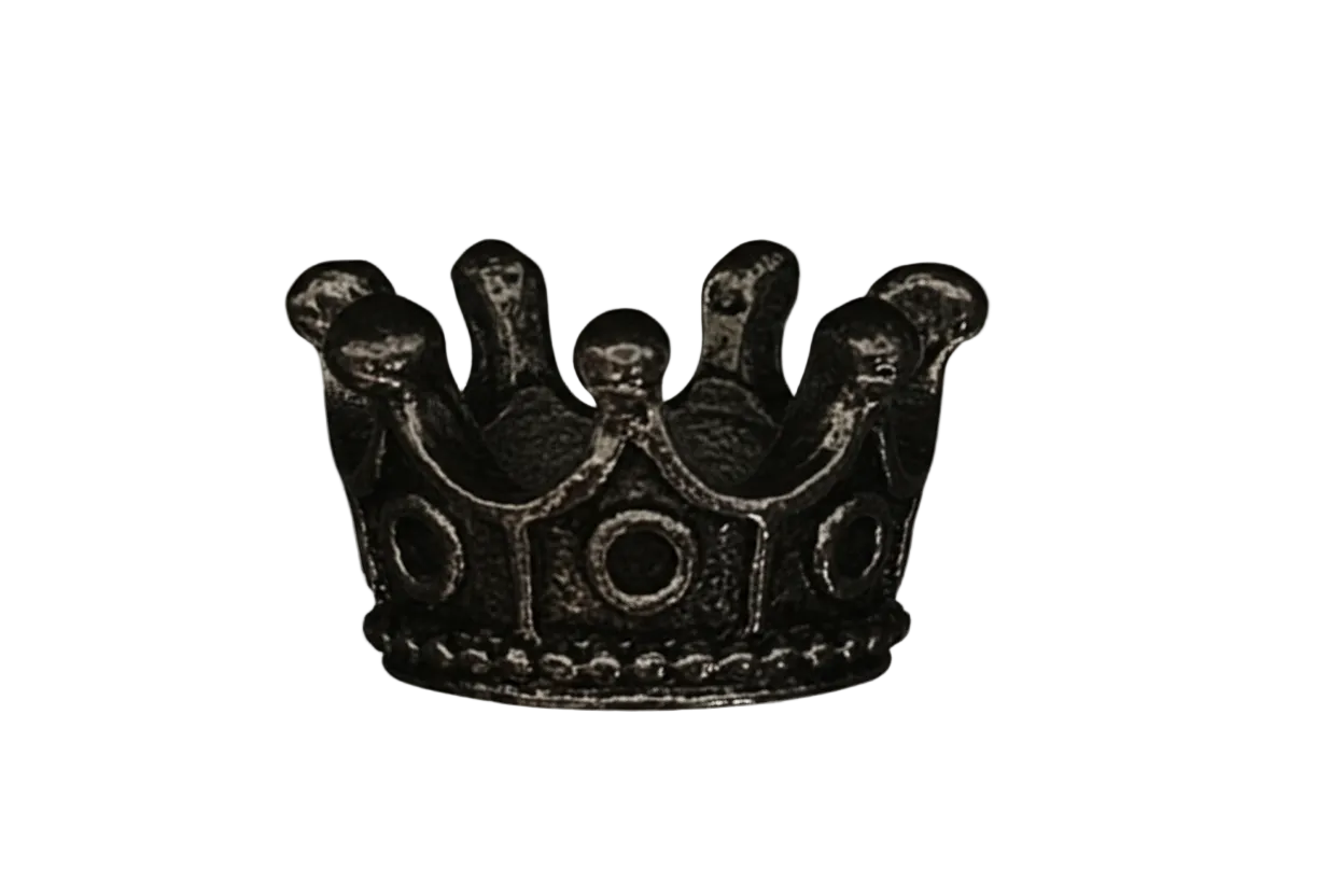 close-up of a dark silver crown charm on a black background