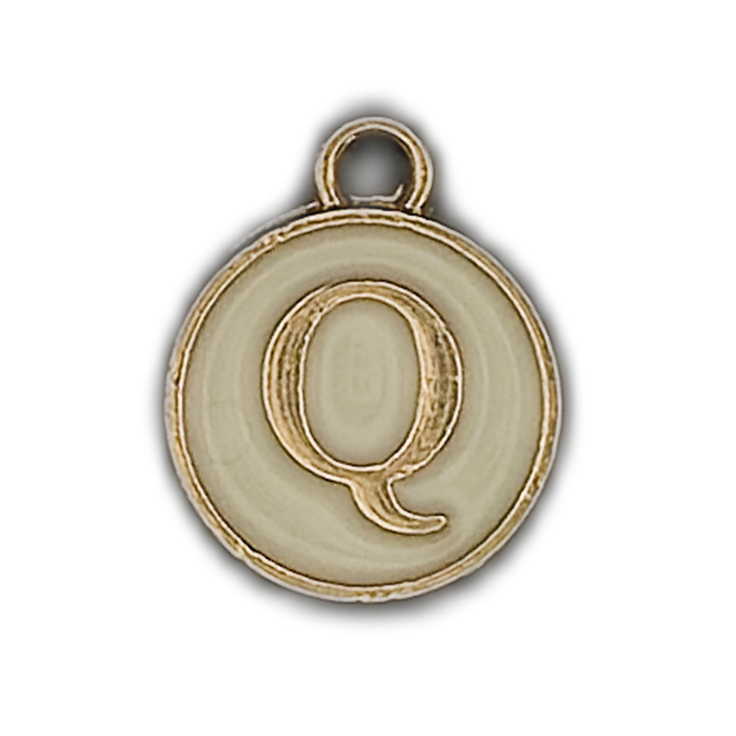close-up of round gold-trim letter Q charm on cream background