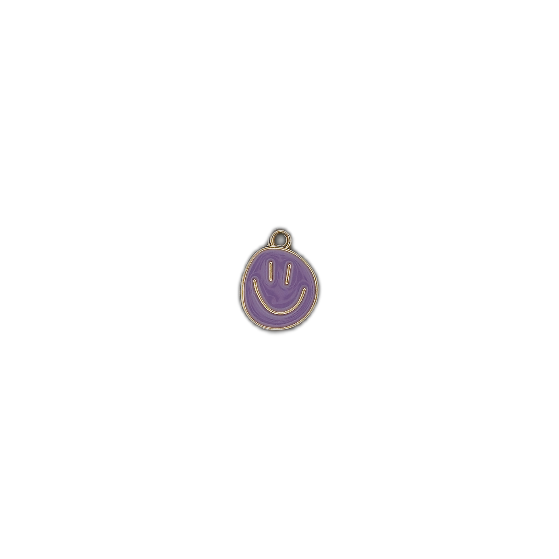 Small purple enamel smiley face charm centered on a black background.