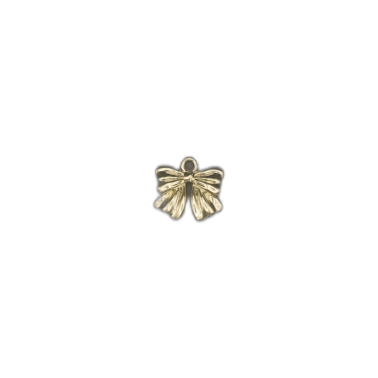 full view of small gold bow charm centered on black background