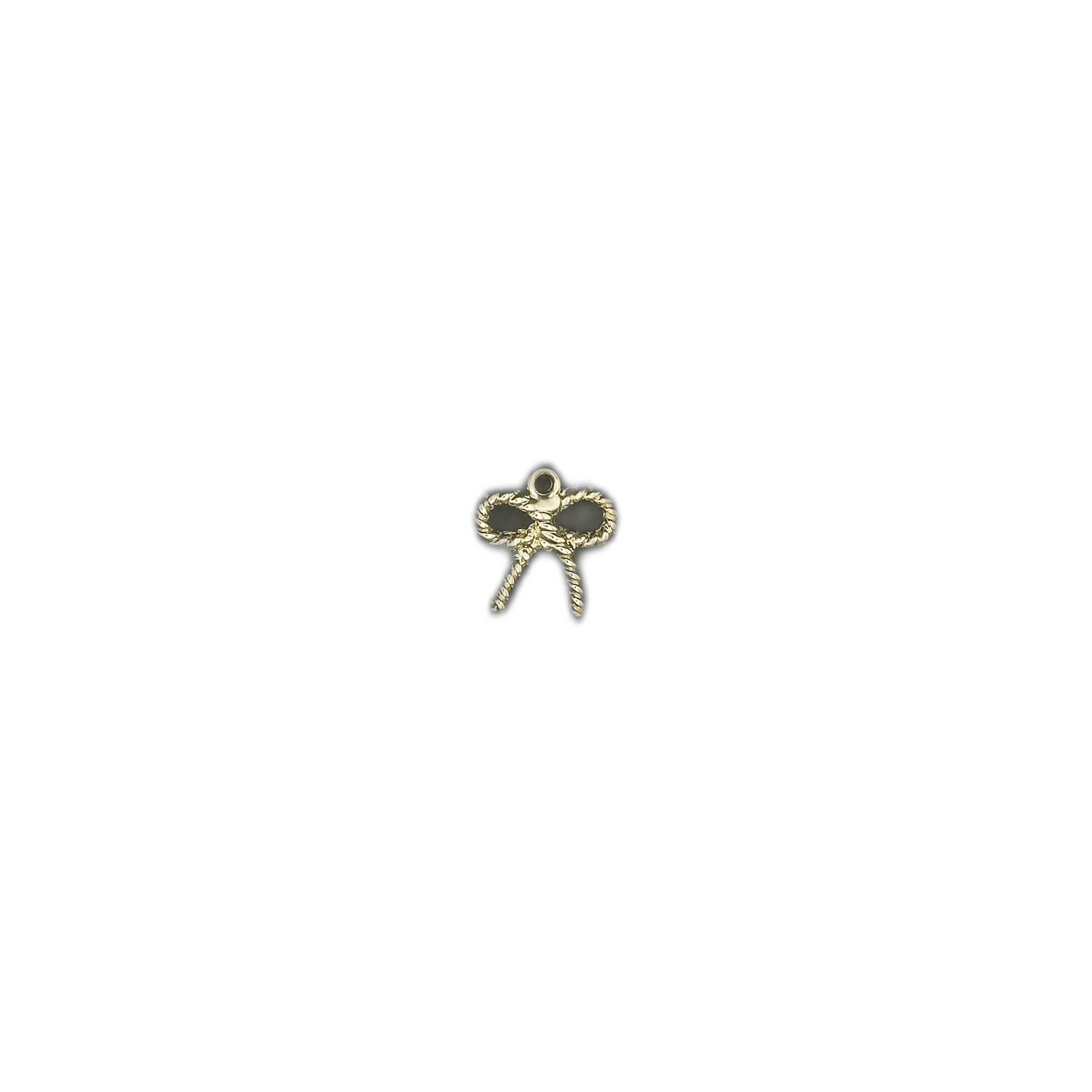 small gold-tone rope bow charm centered on a black background