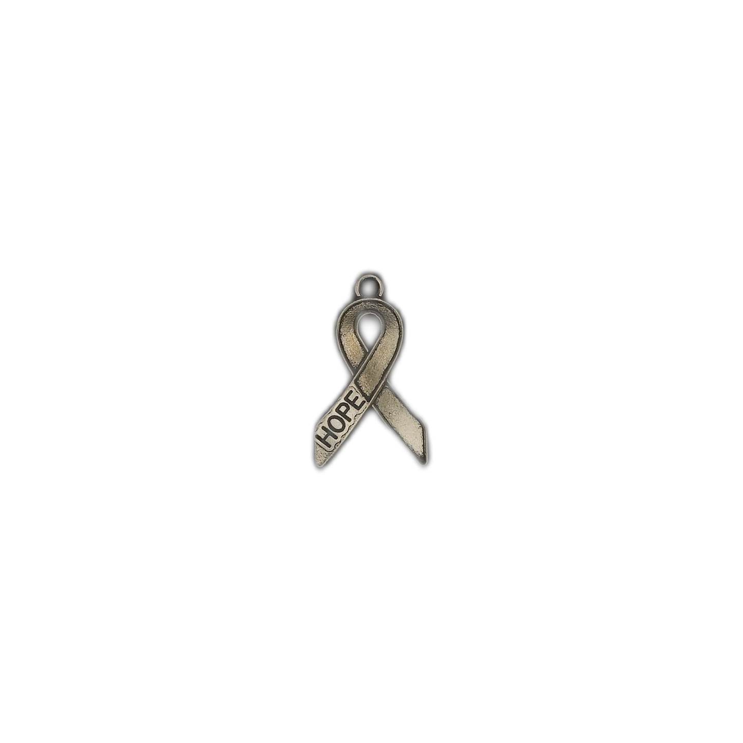 full view of silver awareness ribbon charm with the word HOPE on a black background