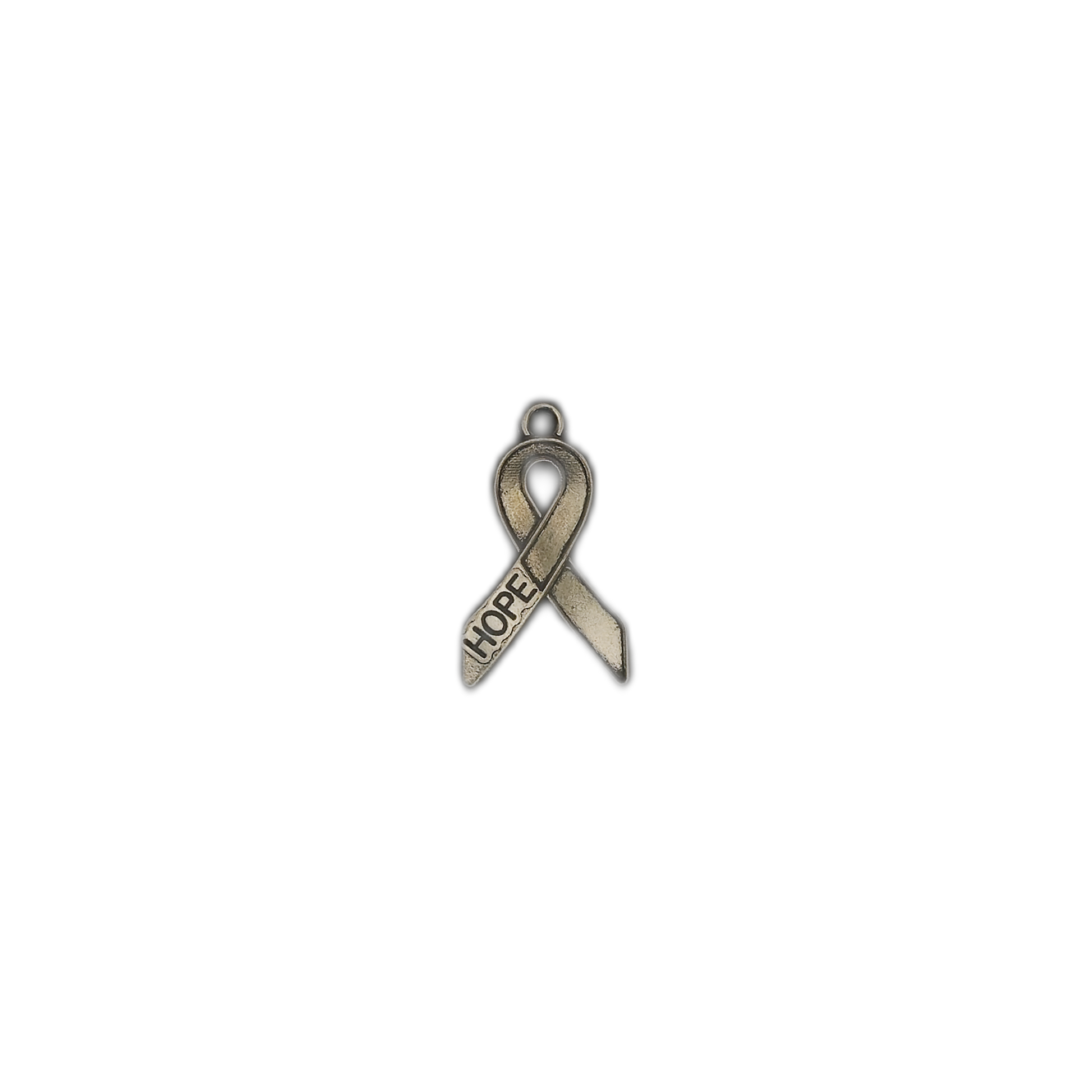 full view of silver awareness ribbon charm with the word HOPE on a black background