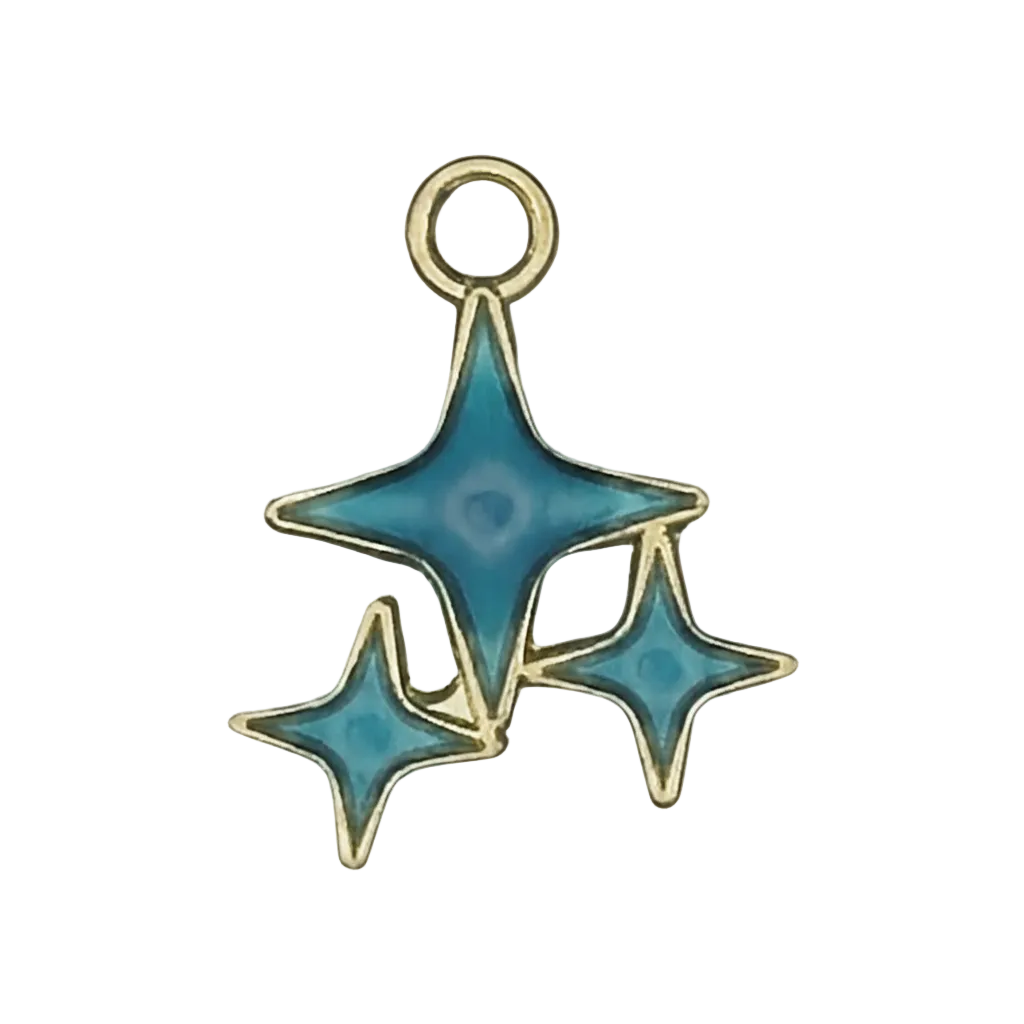 close-up of blue starburst cluster charm with gold outline