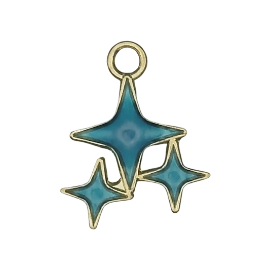close-up of blue starburst cluster charm with gold outline