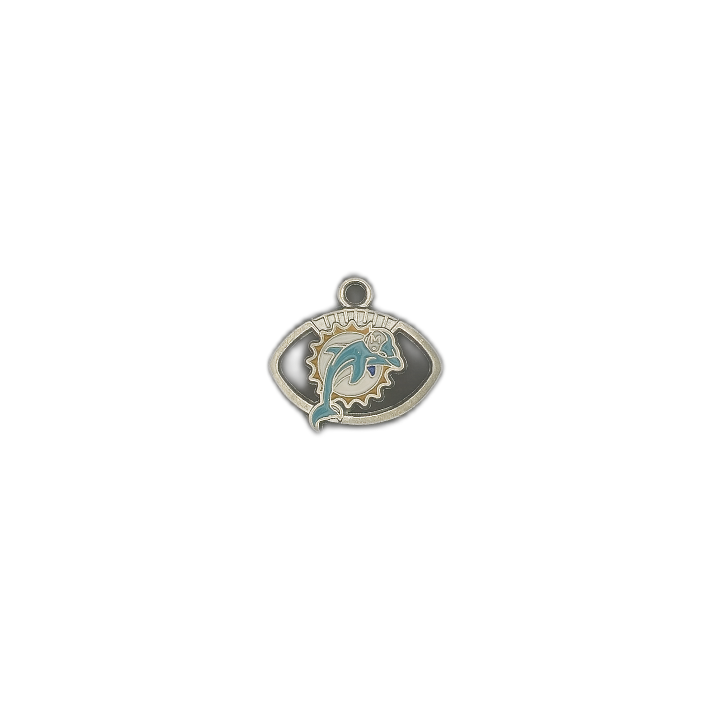 small enamel dolphin football-shaped charm centered on black background