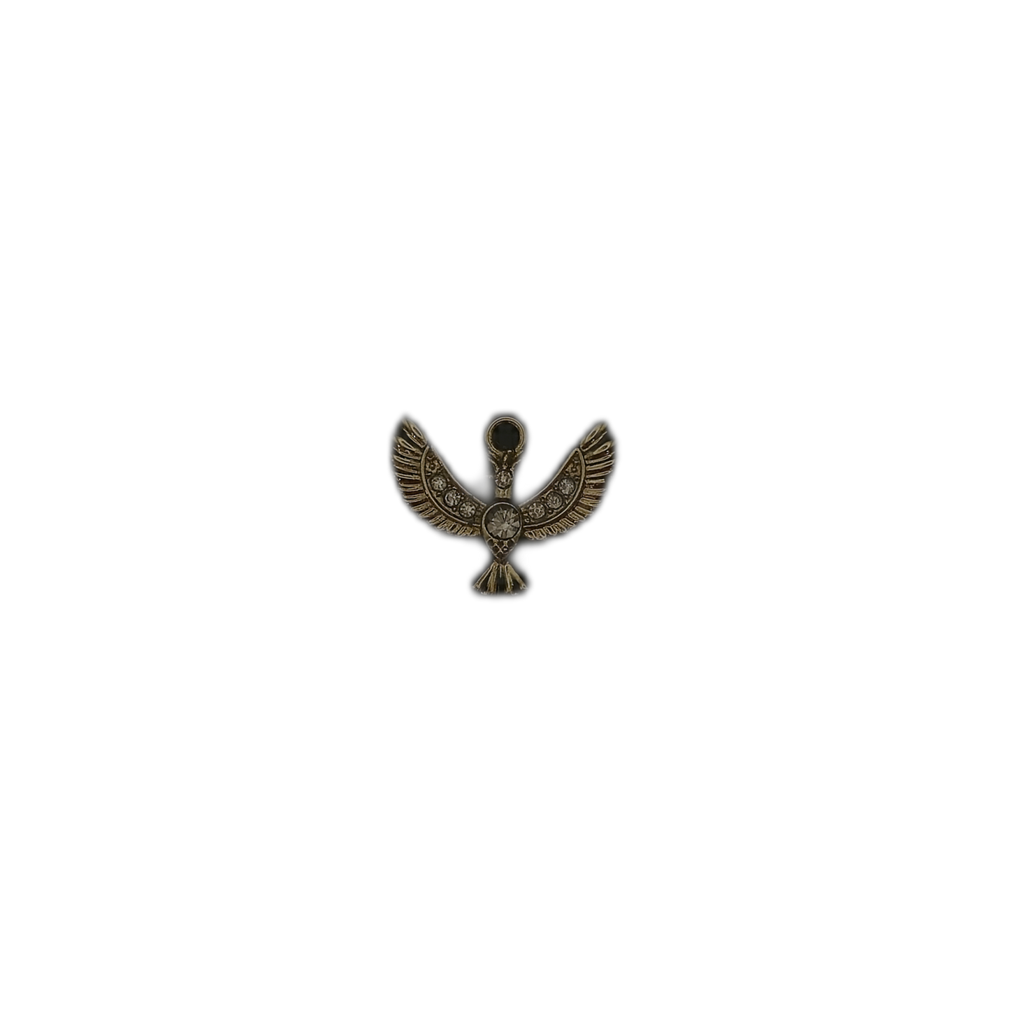 gold winged bird charm with clear stones centered on a black background