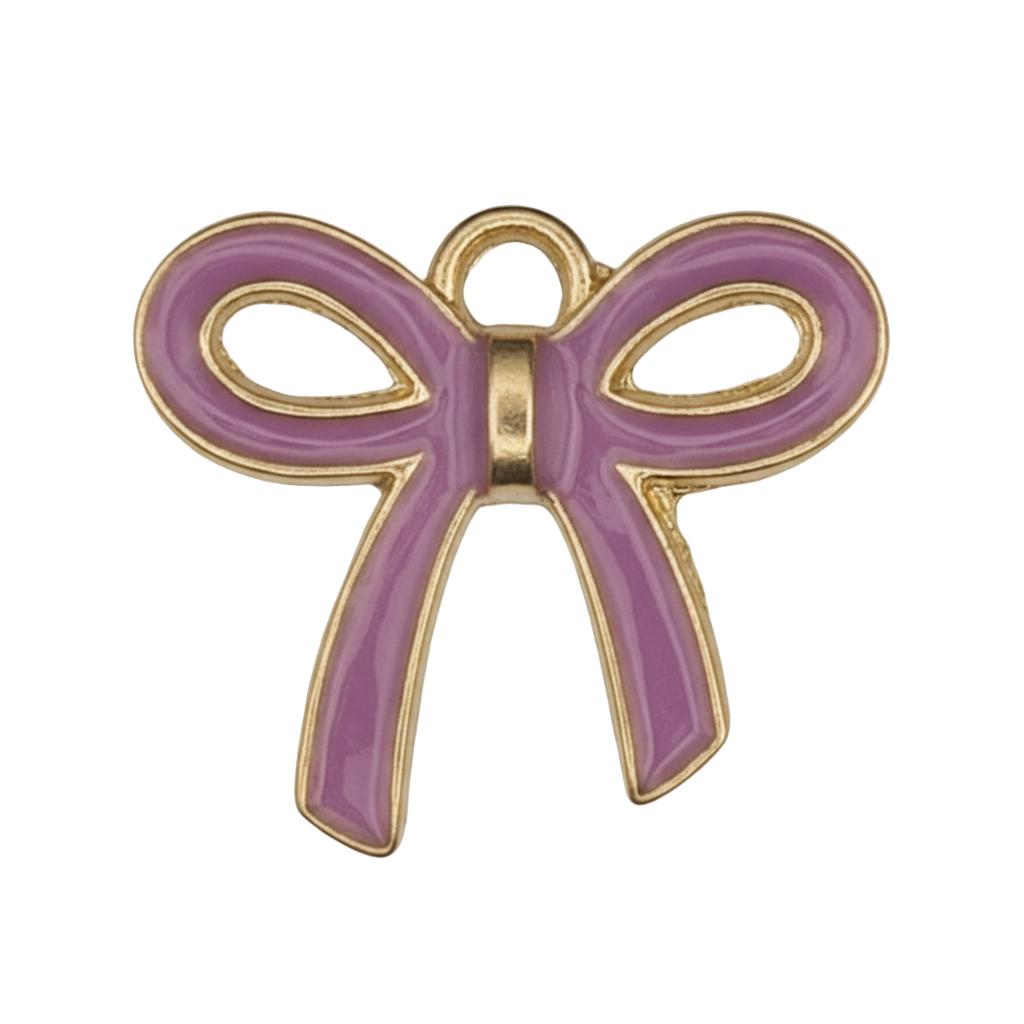 close-up of lavender enamel bow charm with gold outline on black background