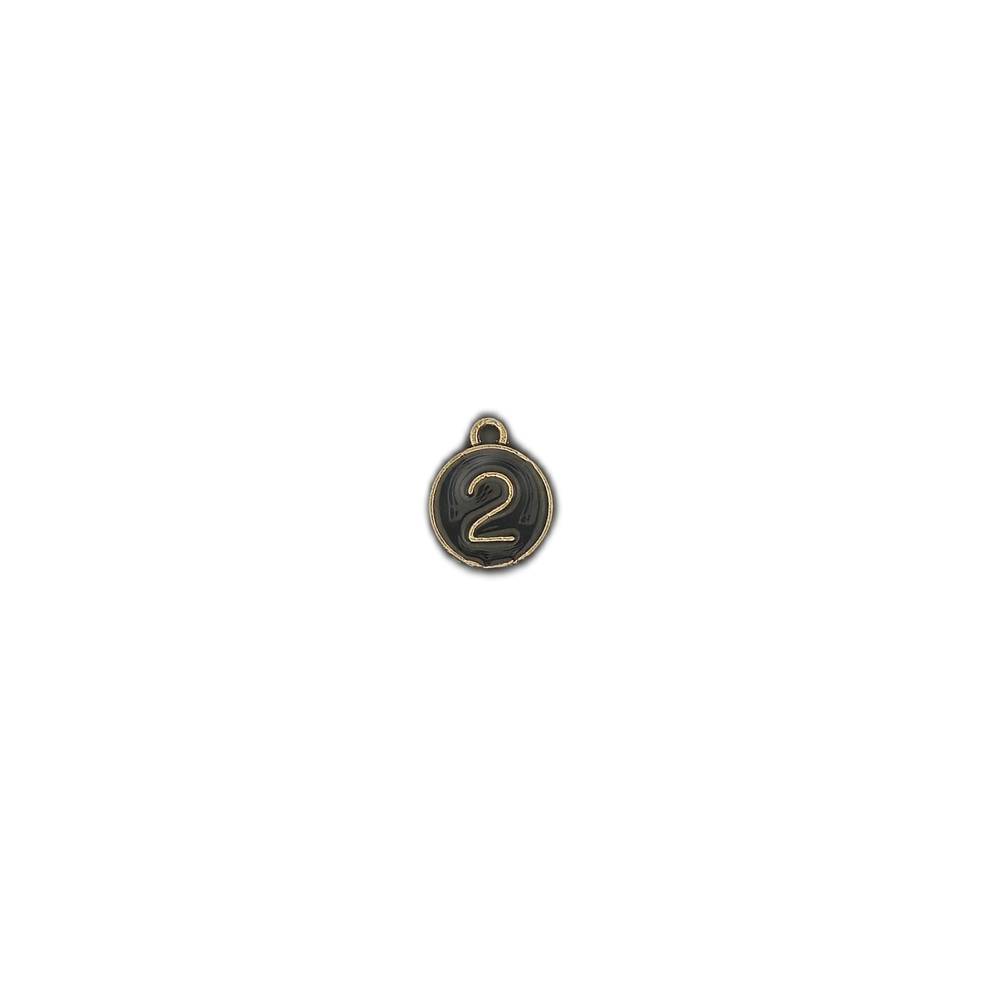 small round black charm with gold number 2 centered on a black background