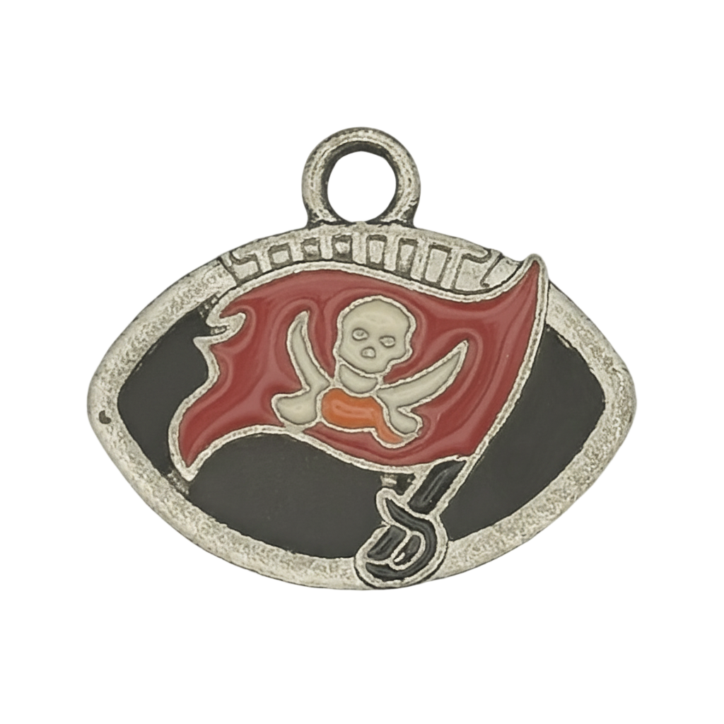 silver-tone football-shaped charm with red pirate flag and skull