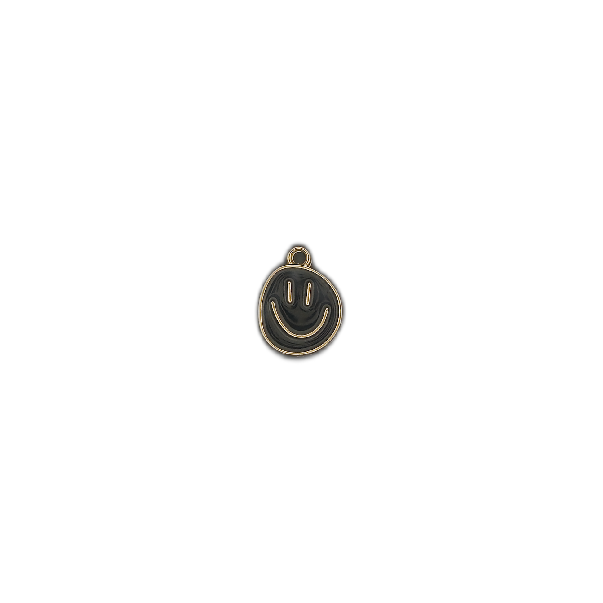 small black and gold smiley face charm on black background