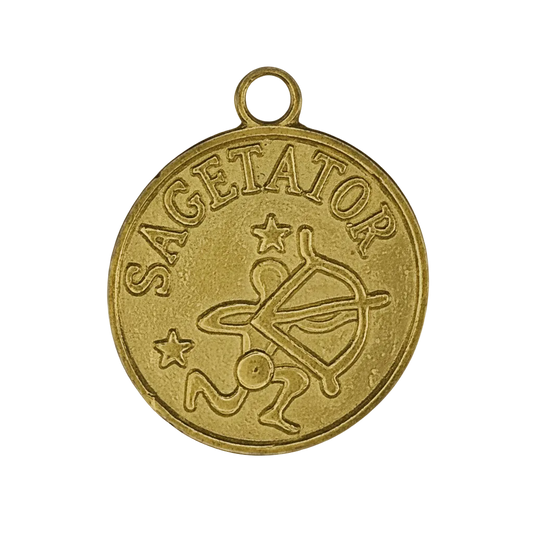 gold-tone round charm with 'SAGETATOR' text, archer and stars