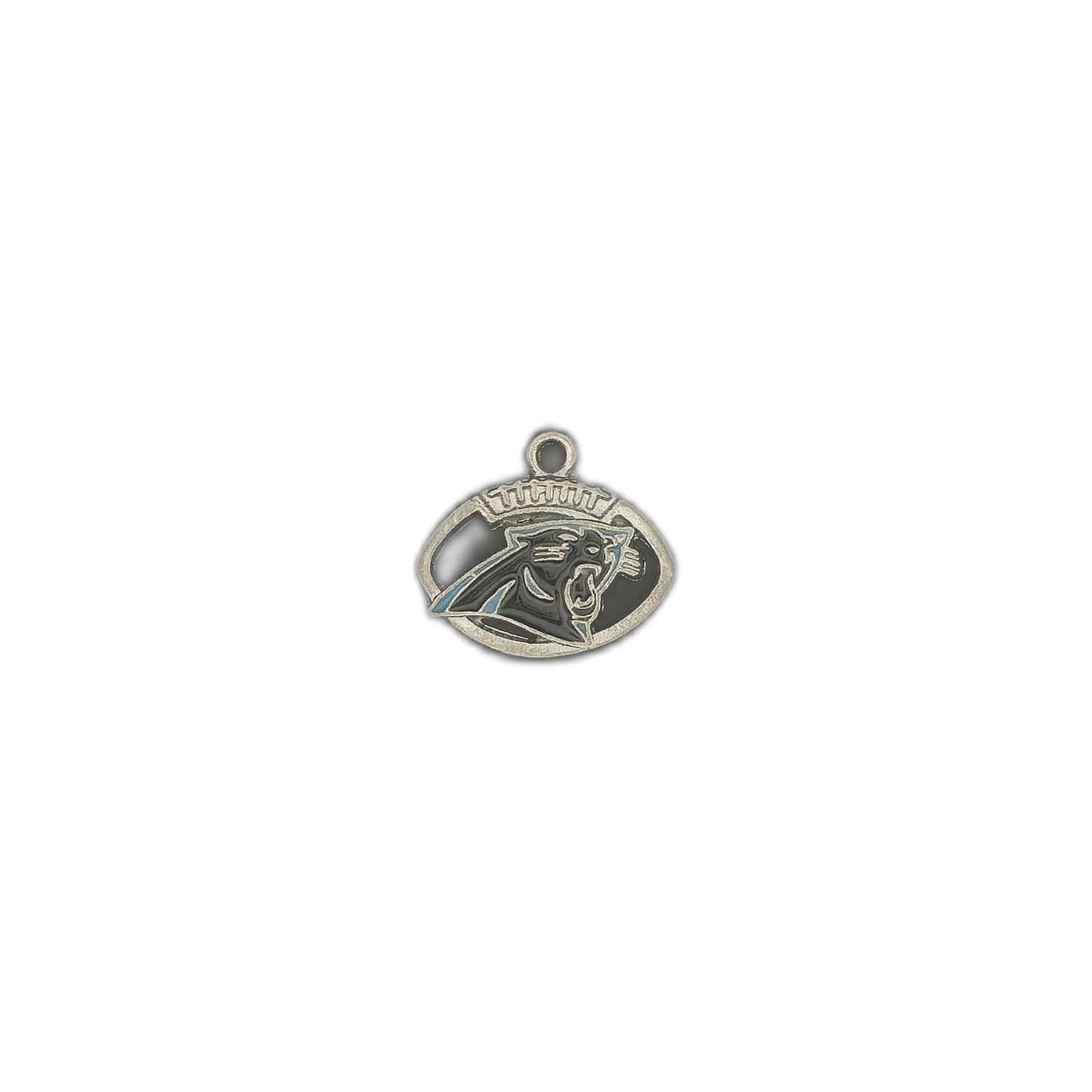 small football-shaped panther charm on black background