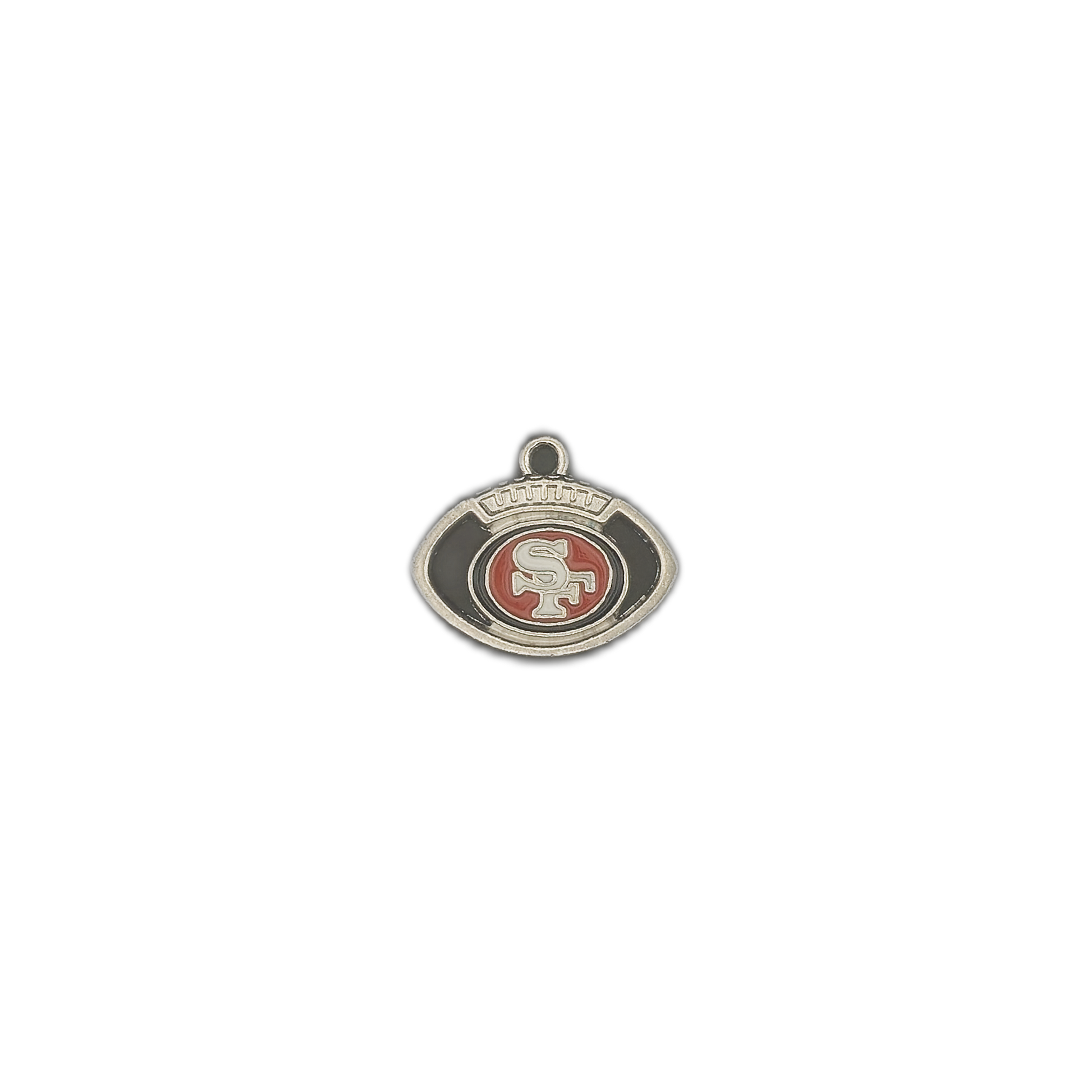 silver-tone football charm with red oval center and 'SF' letters on a black background
