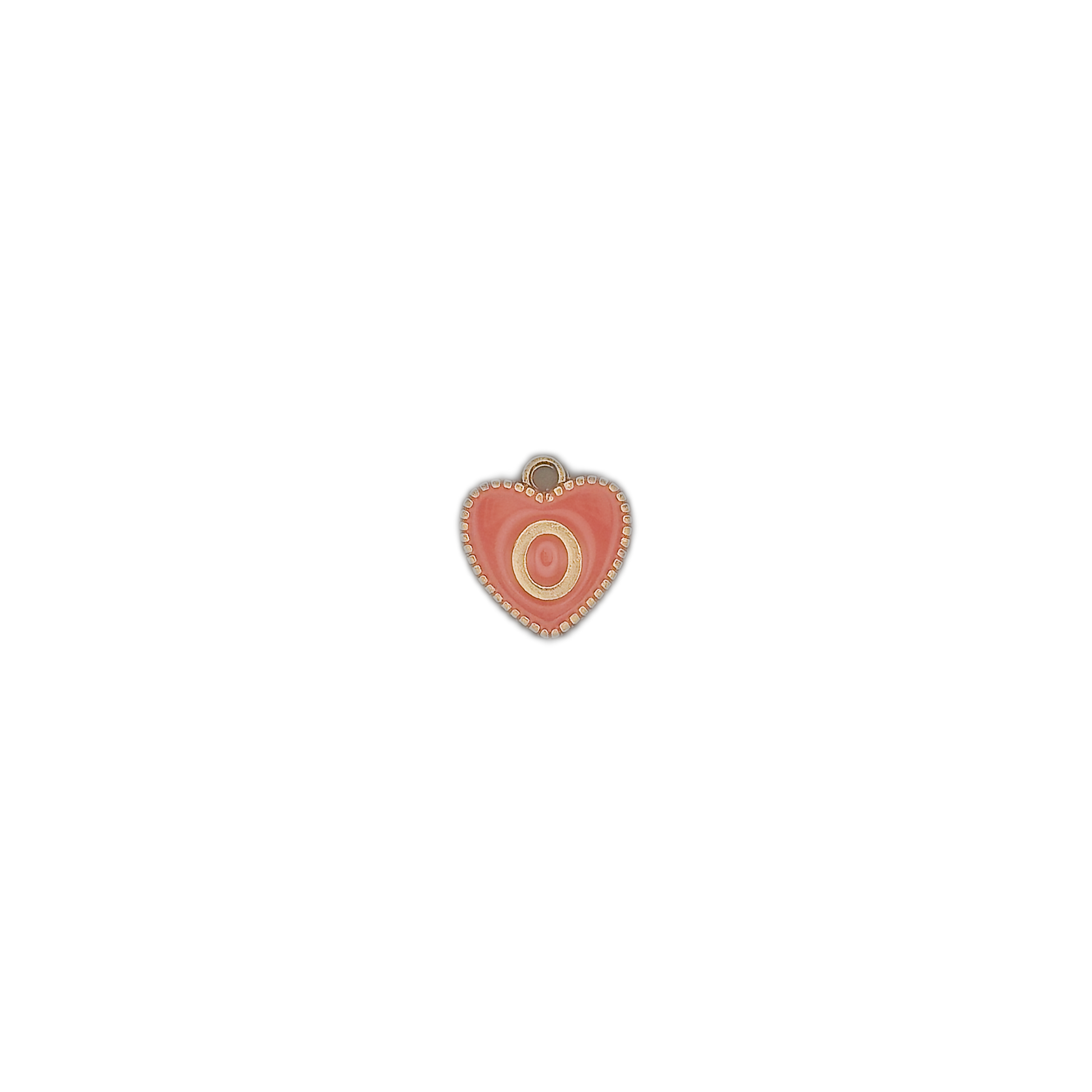 small pink heart charm with gold letter O centered on black background