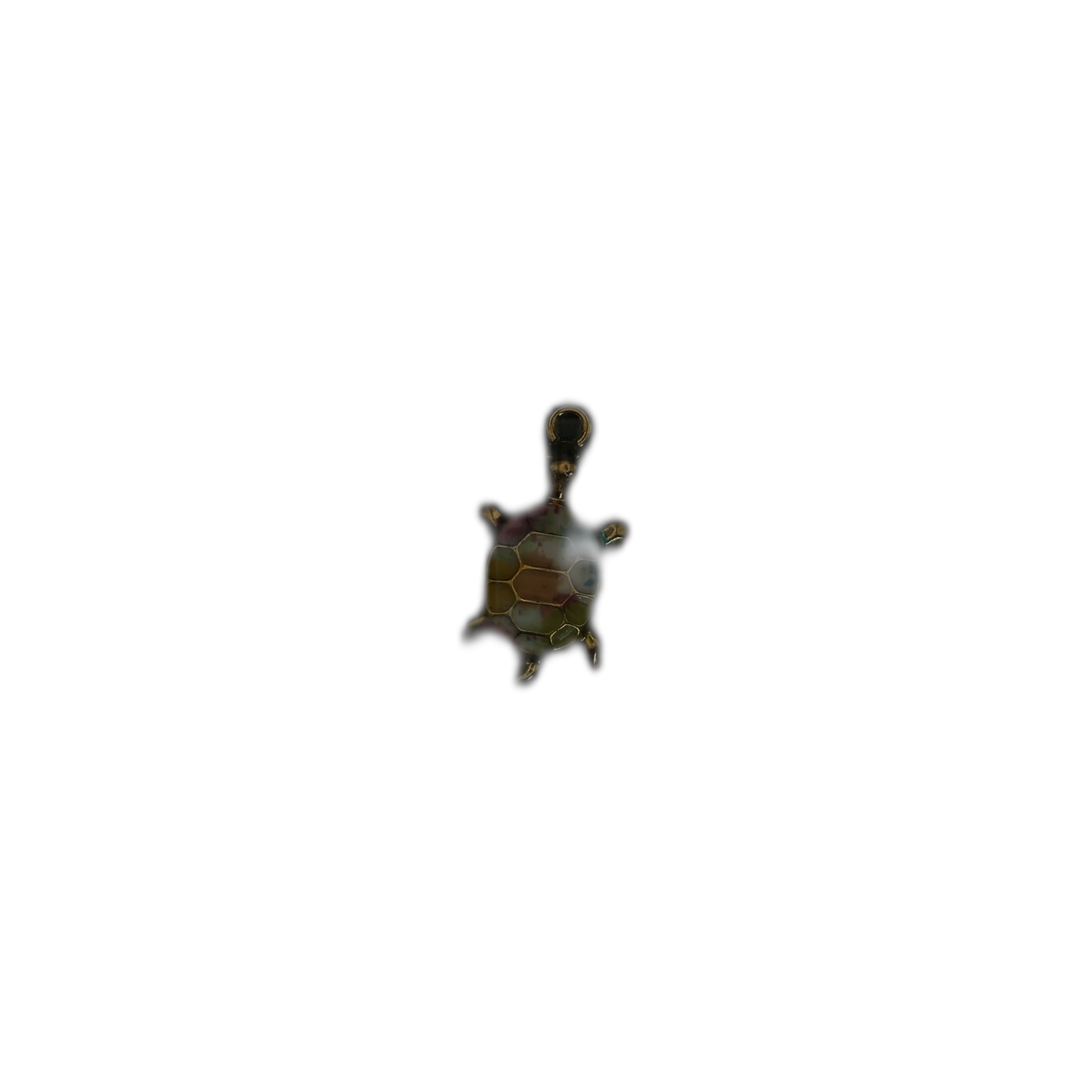 full view of a gold-tone turtle charm with multicolor shell centered on black background
