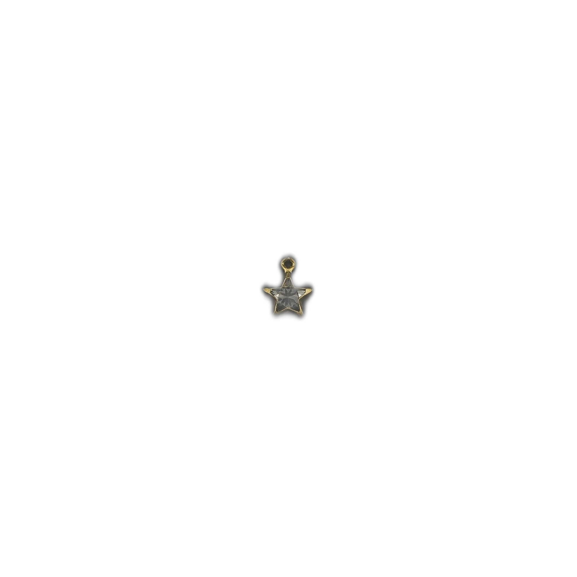 small gold-tone star charm with gray faceted stone centered on black background
