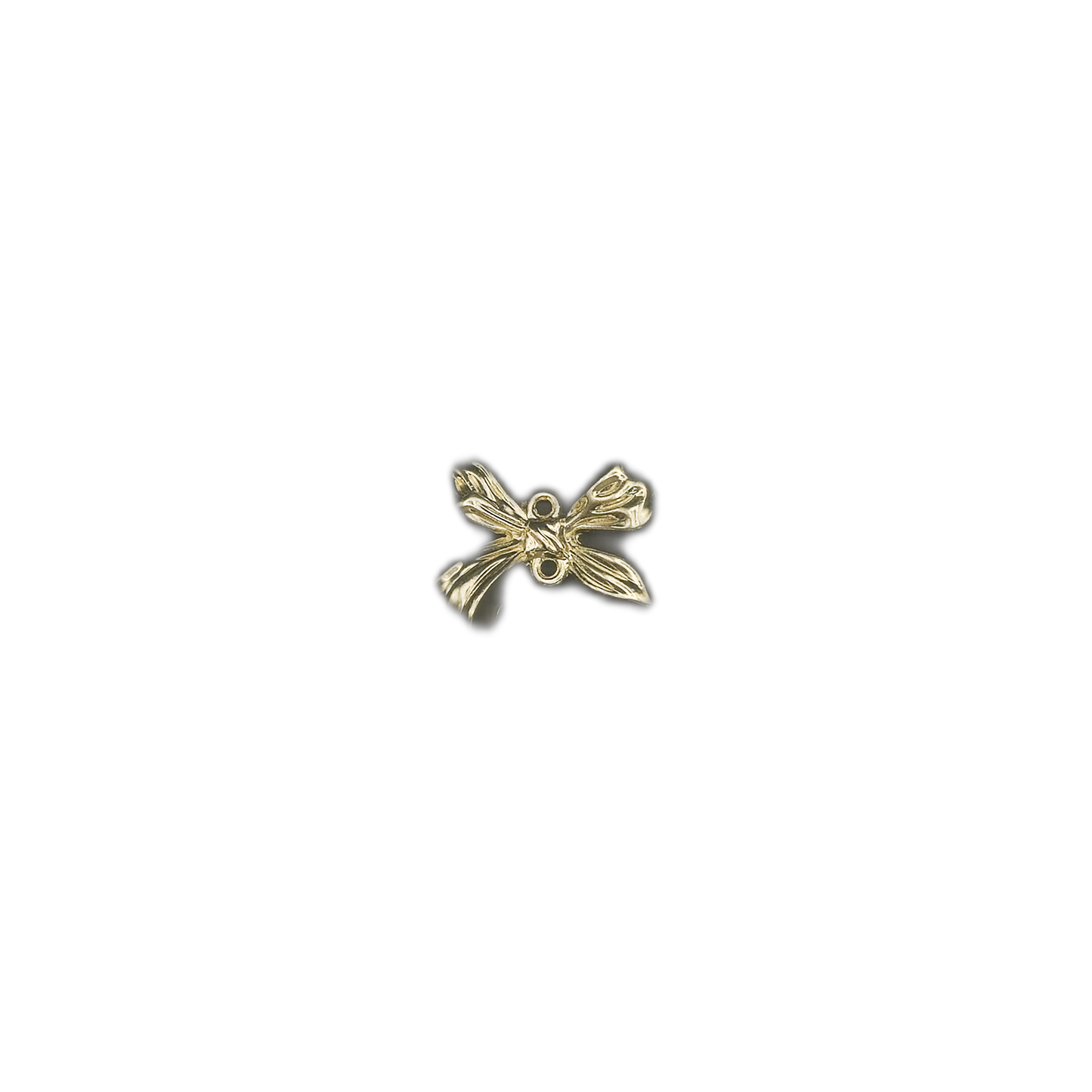 small gold-tone bow charm with two connector holes on a black background
