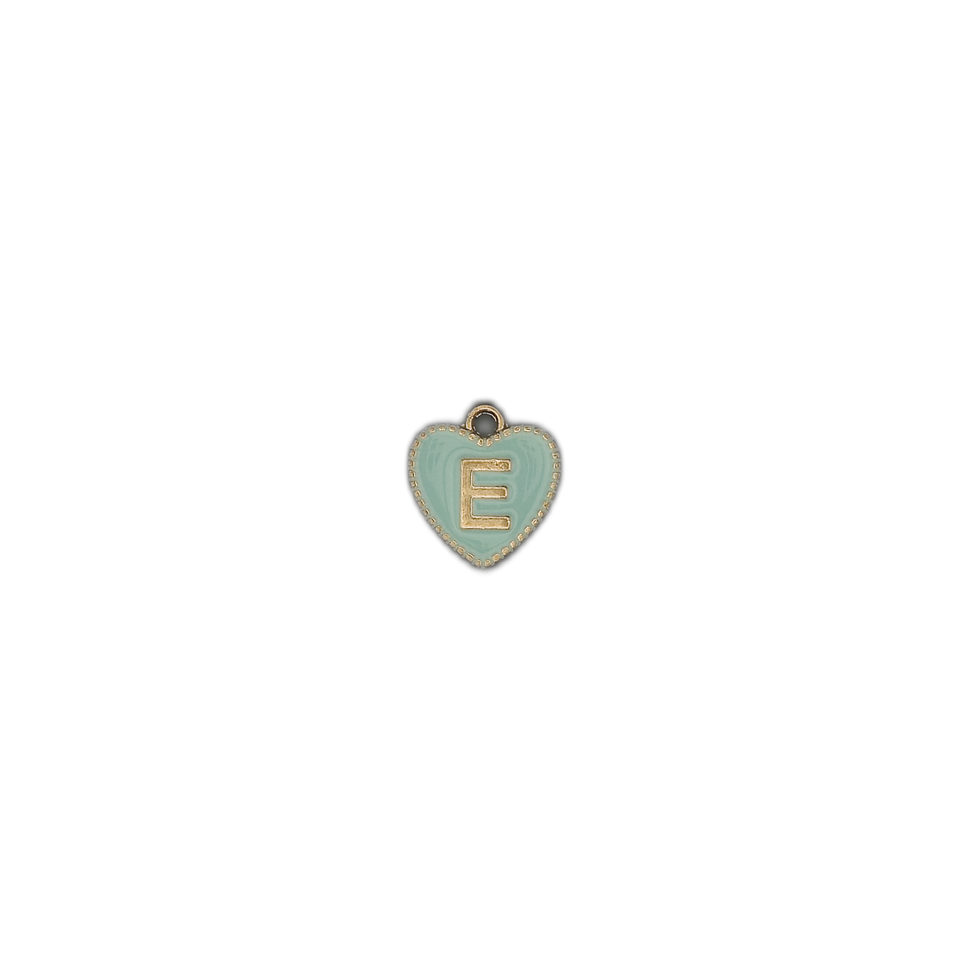 small mint heart letter E charm on black background