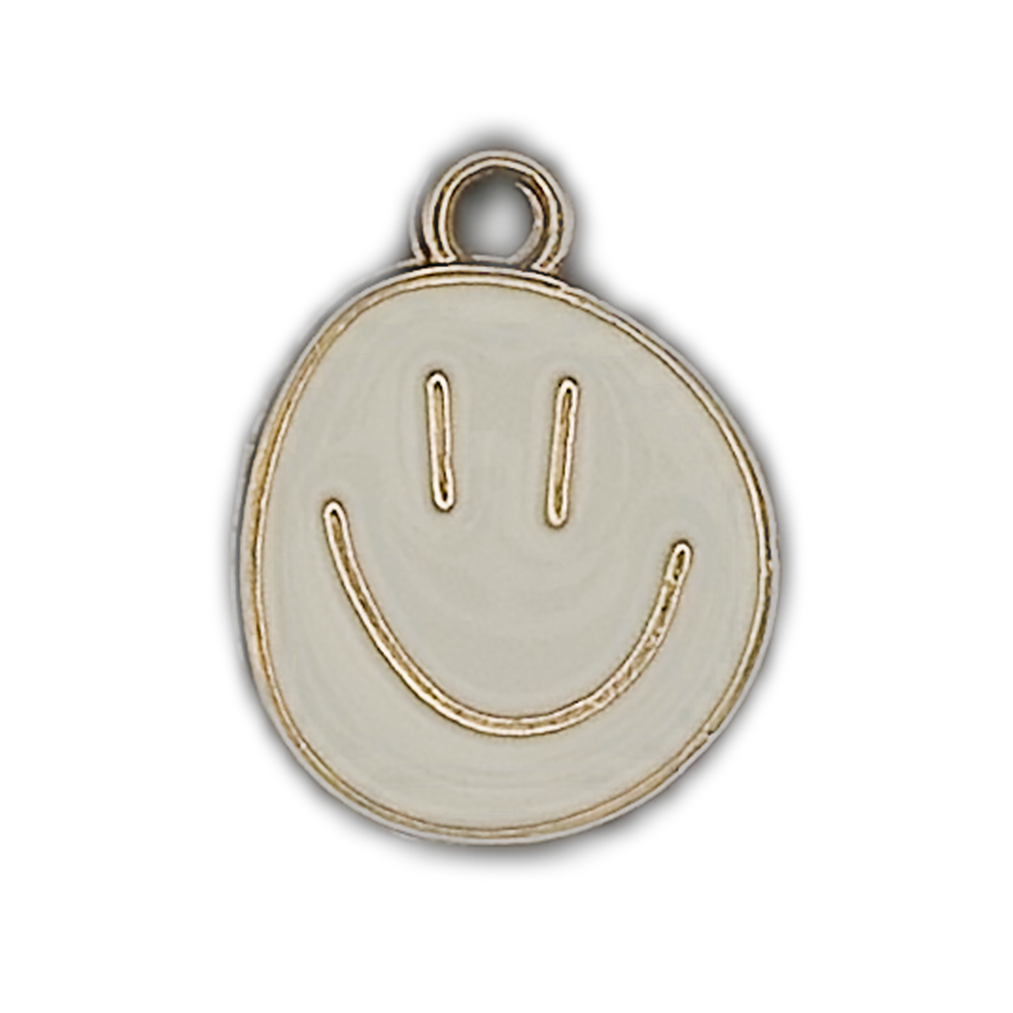 close-up of a white enamel smiley face charm with gold outline on a black background