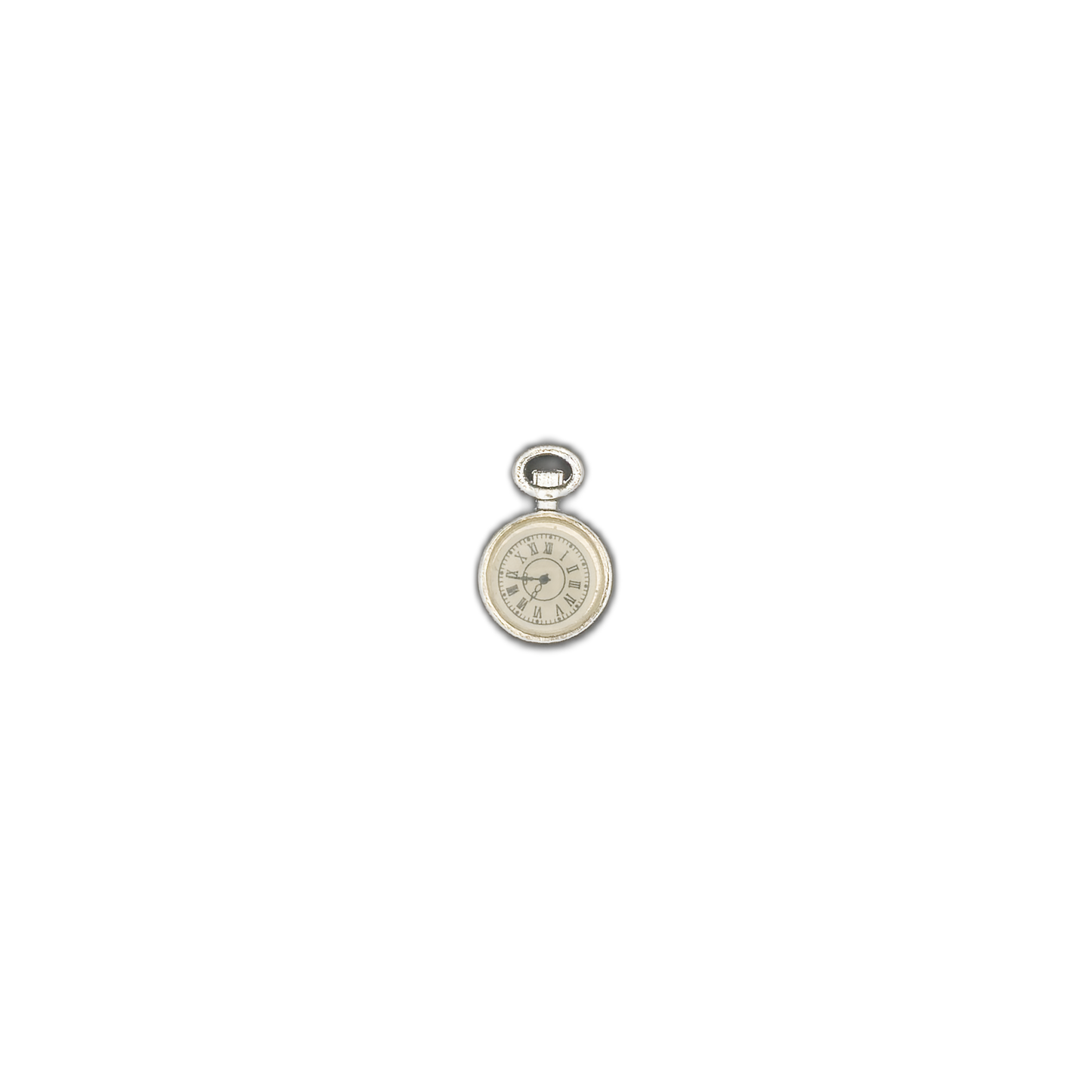 small pocket watch charm centered on a black background