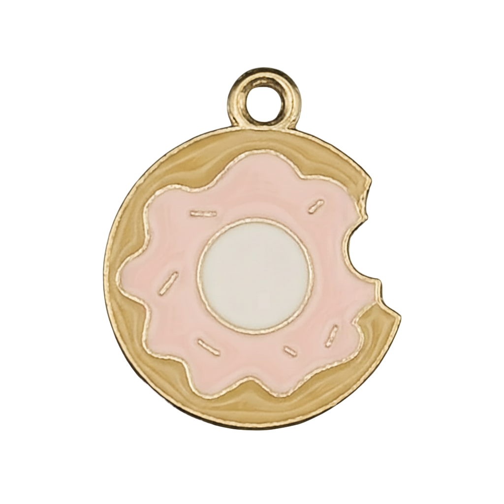 close-up of gold-tone donut charm with pink icing and a bite