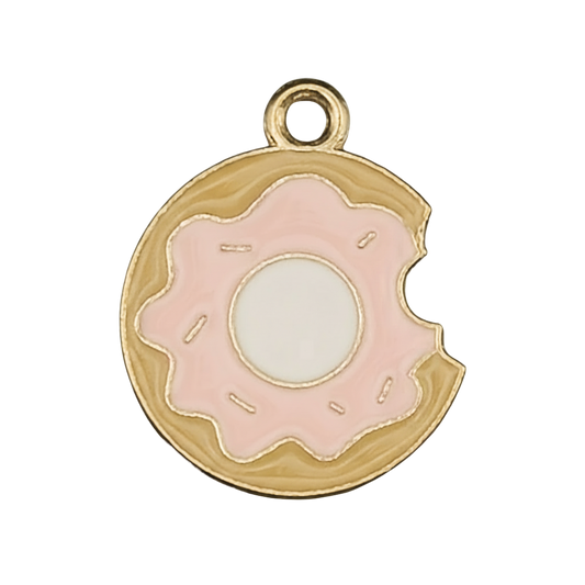 close-up of gold-tone donut charm with pink icing and a bite