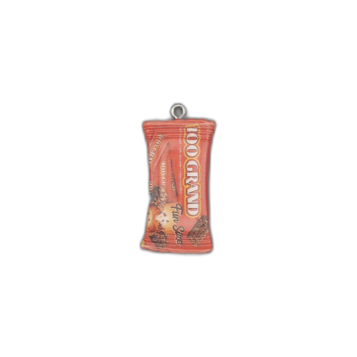 red '100 Grand' candy bar wrapper charm centered on a black background