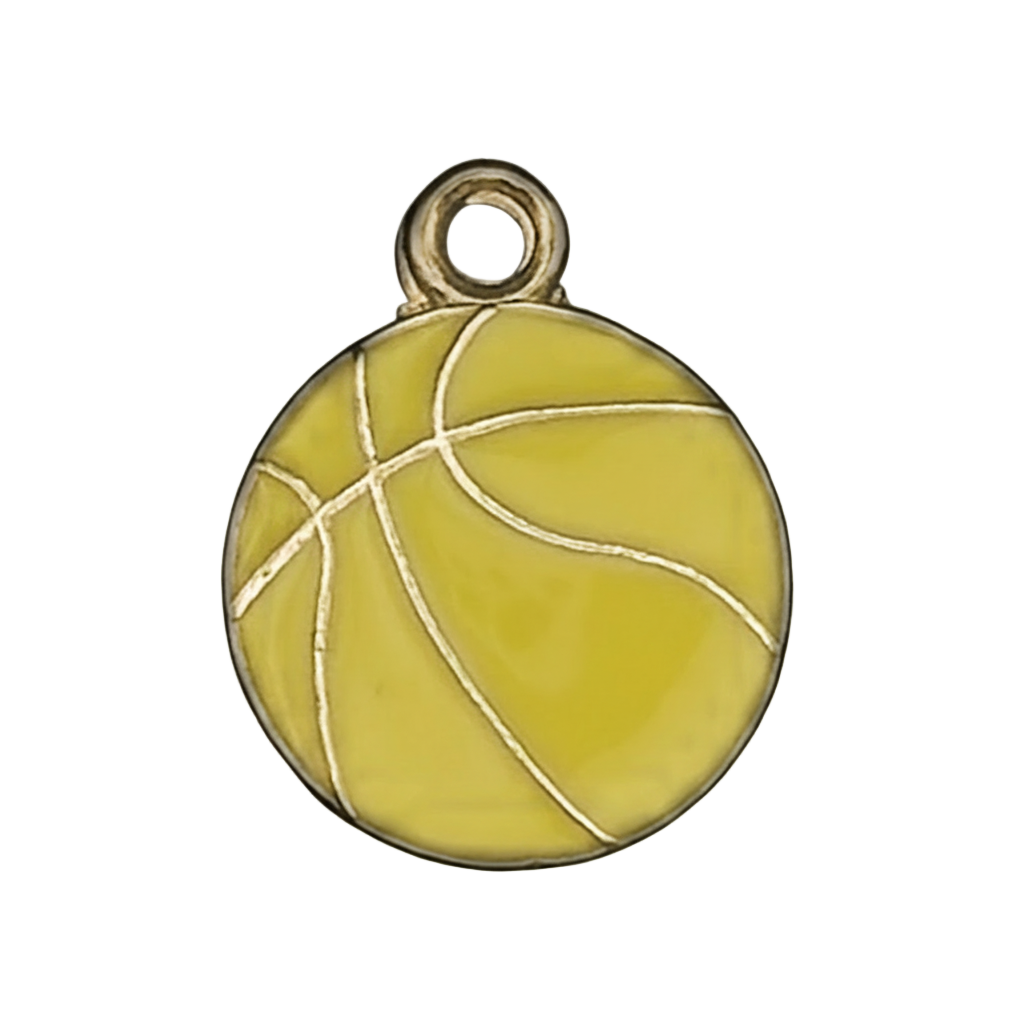 close-up of yellow enamel basketball charm with gold lines on a black background