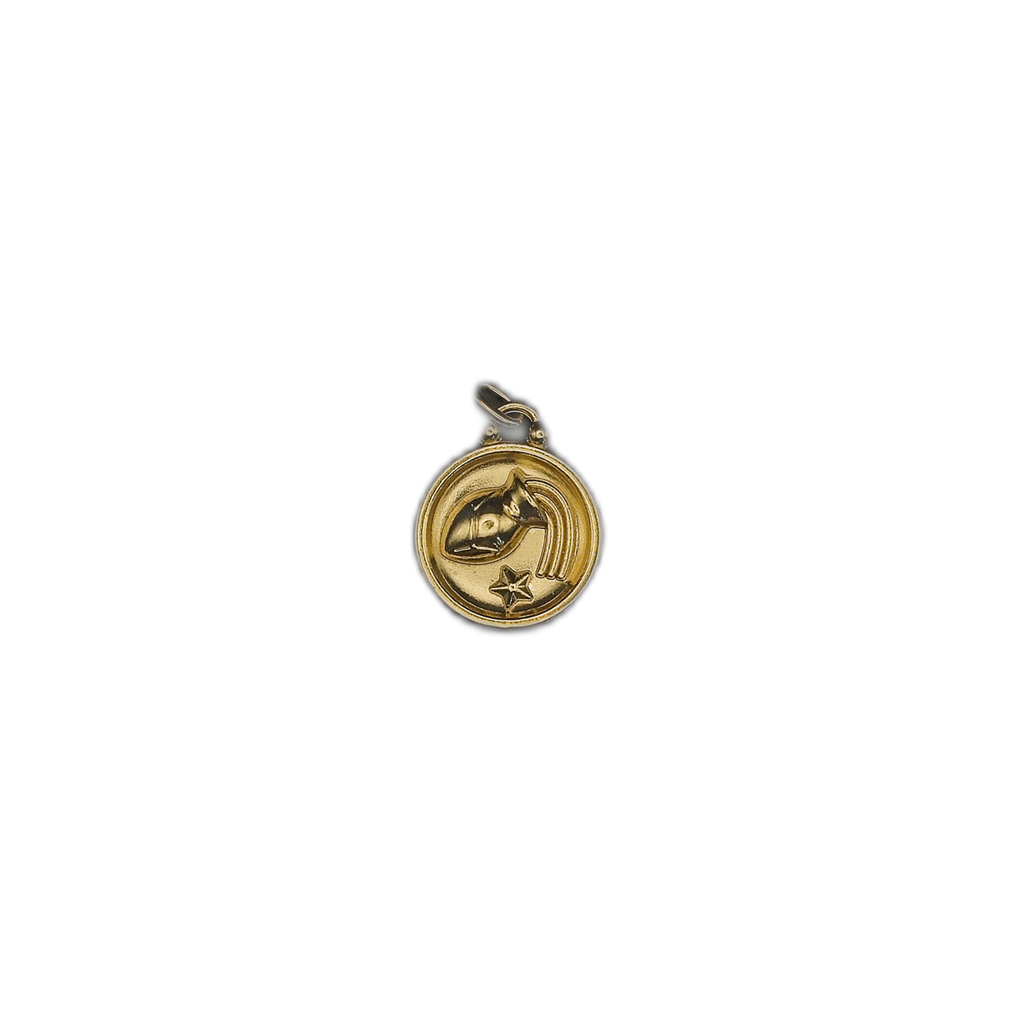 small gold Aquarius medallion charm centered on black background
