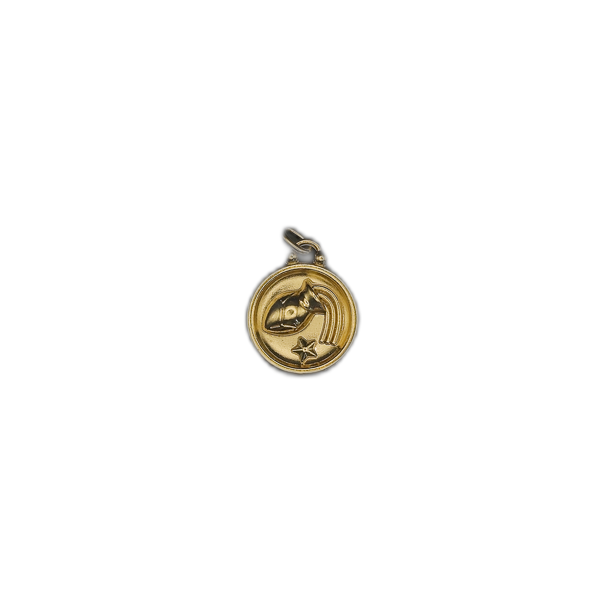 small gold Aquarius medallion charm centered on black background