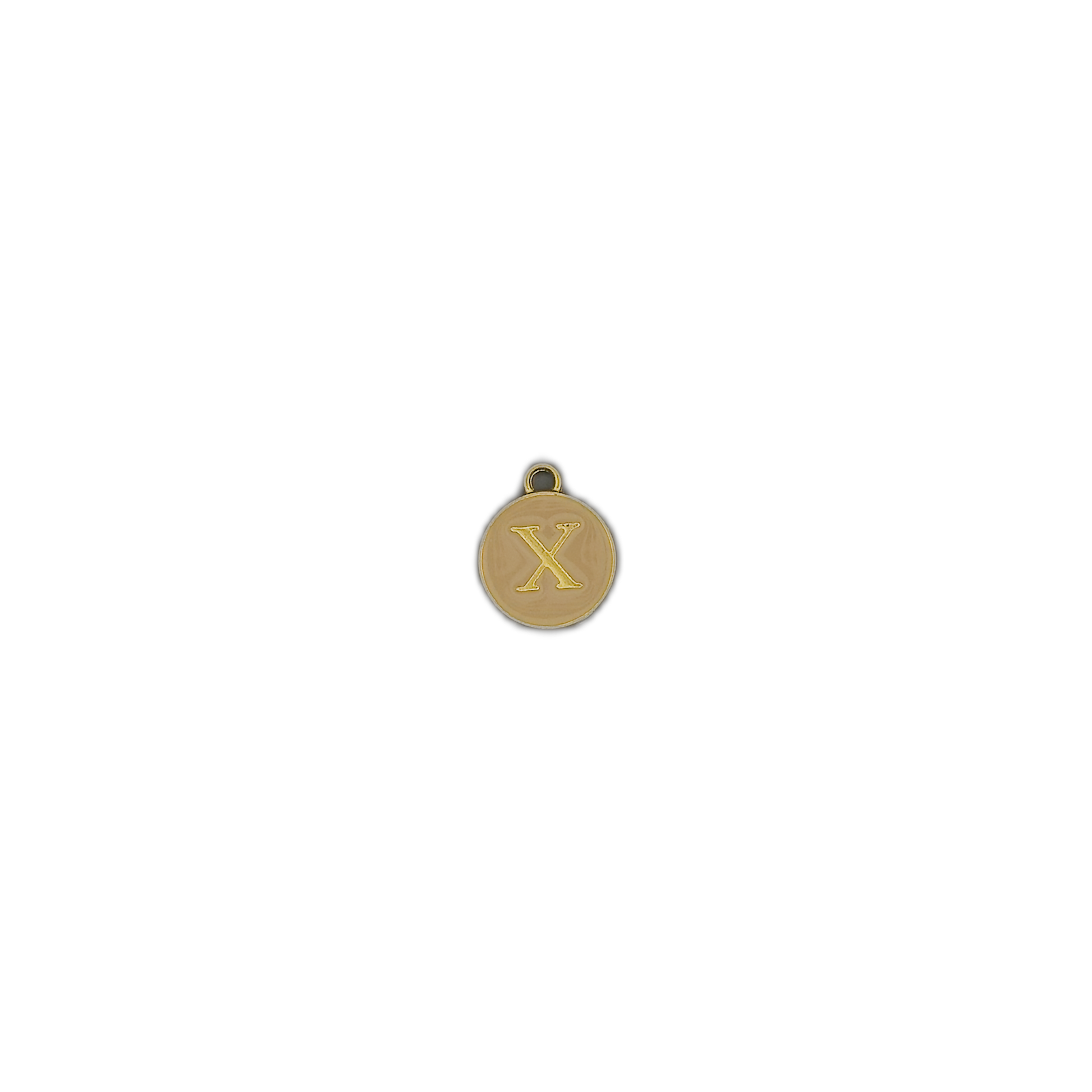 small round gold letter X charm on black background