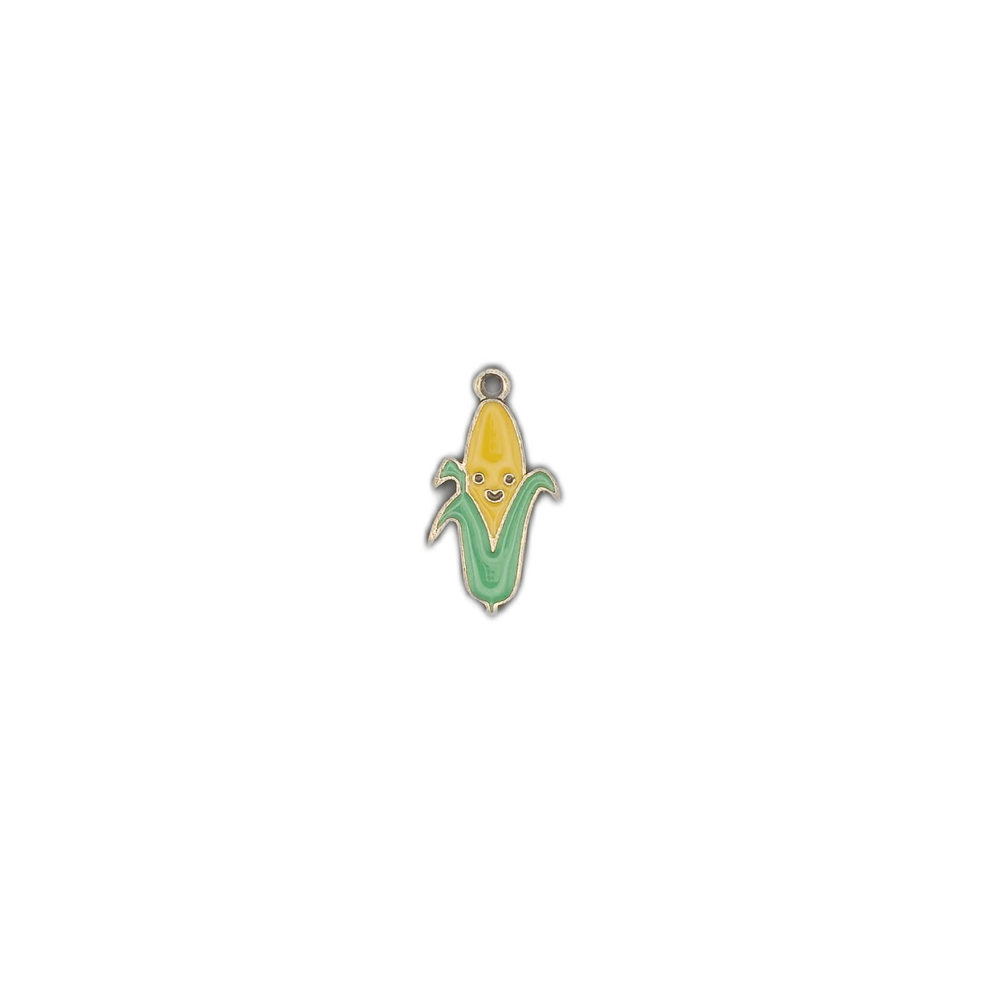 Full view of small enamel corn cob charm centered on black background.