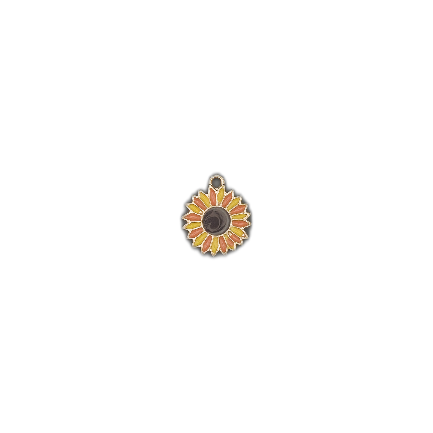 small enamel sunflower charm centered on a black background.