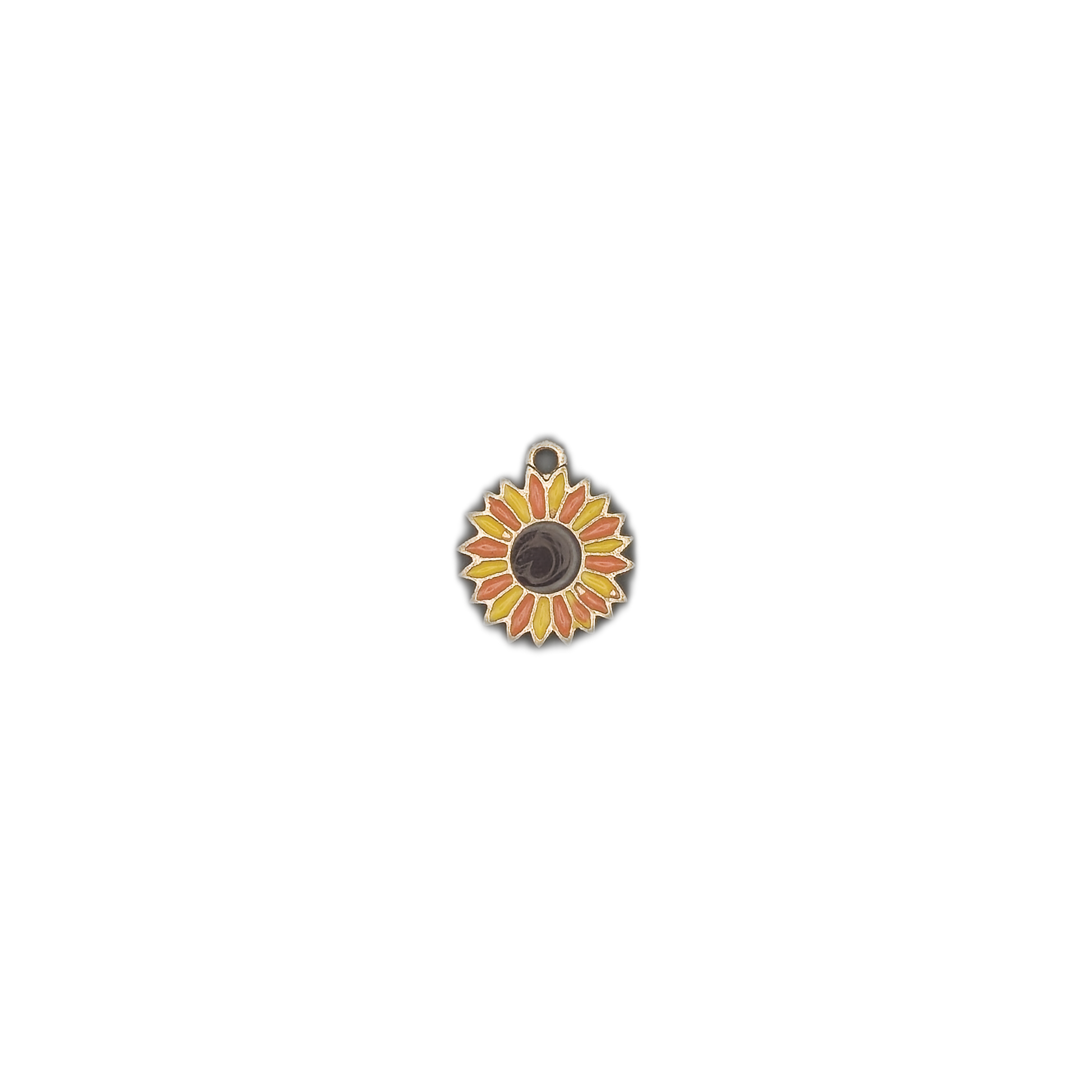 small enamel sunflower charm centered on a black background.