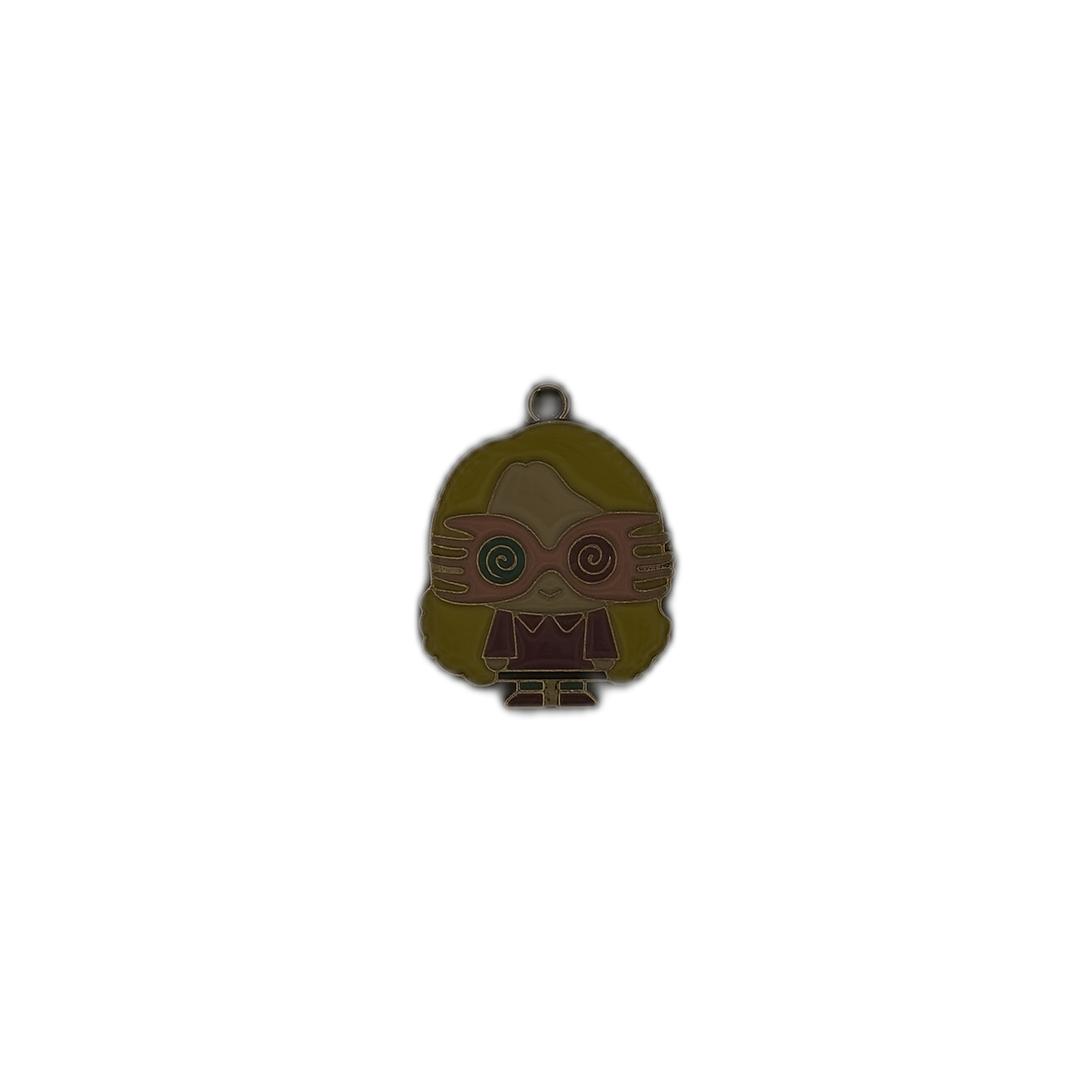 Small cartoon girl charm with swirl glasses and yellow hair centered on a black background.
