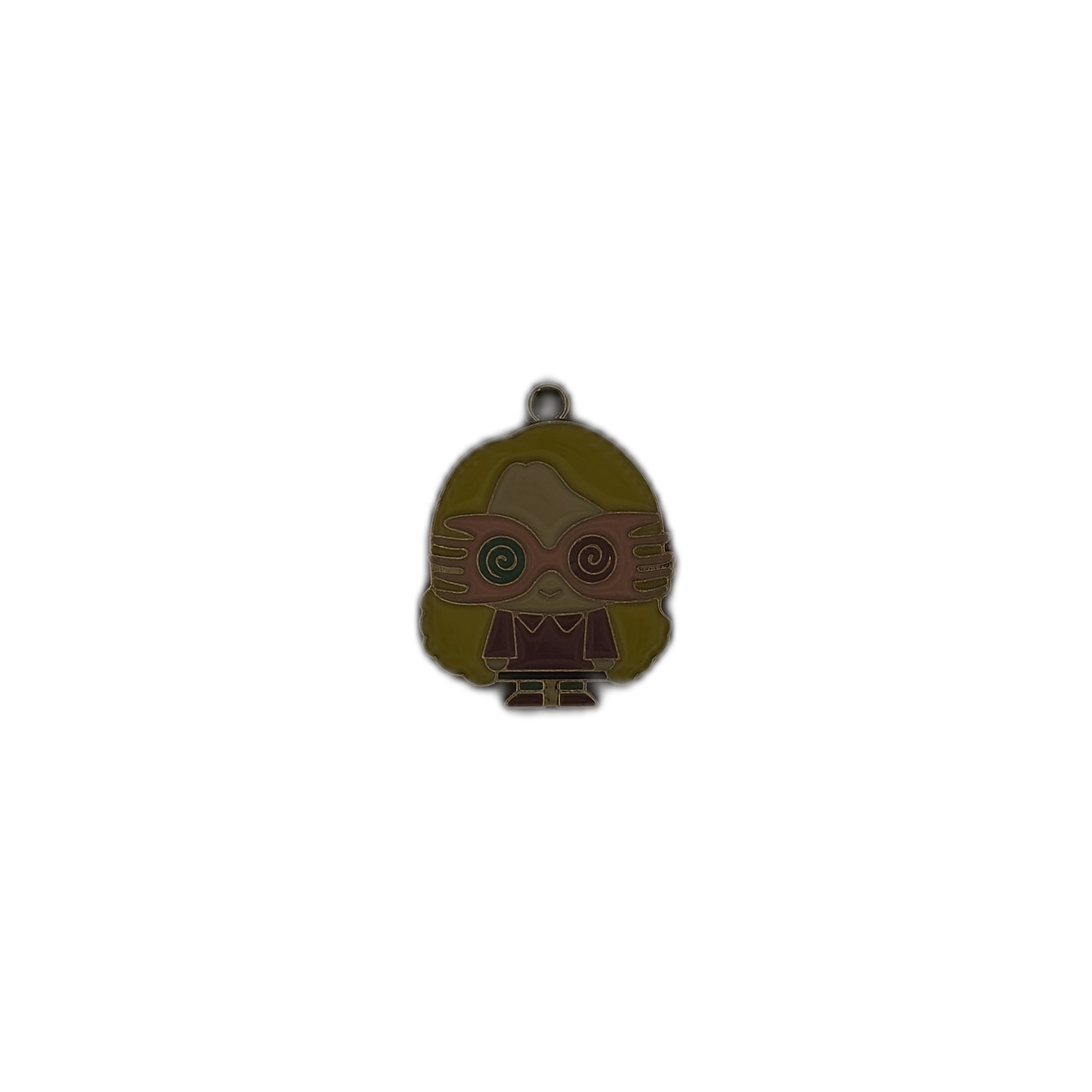 Small cartoon girl charm with swirl glasses and yellow hair centered on a black background.
