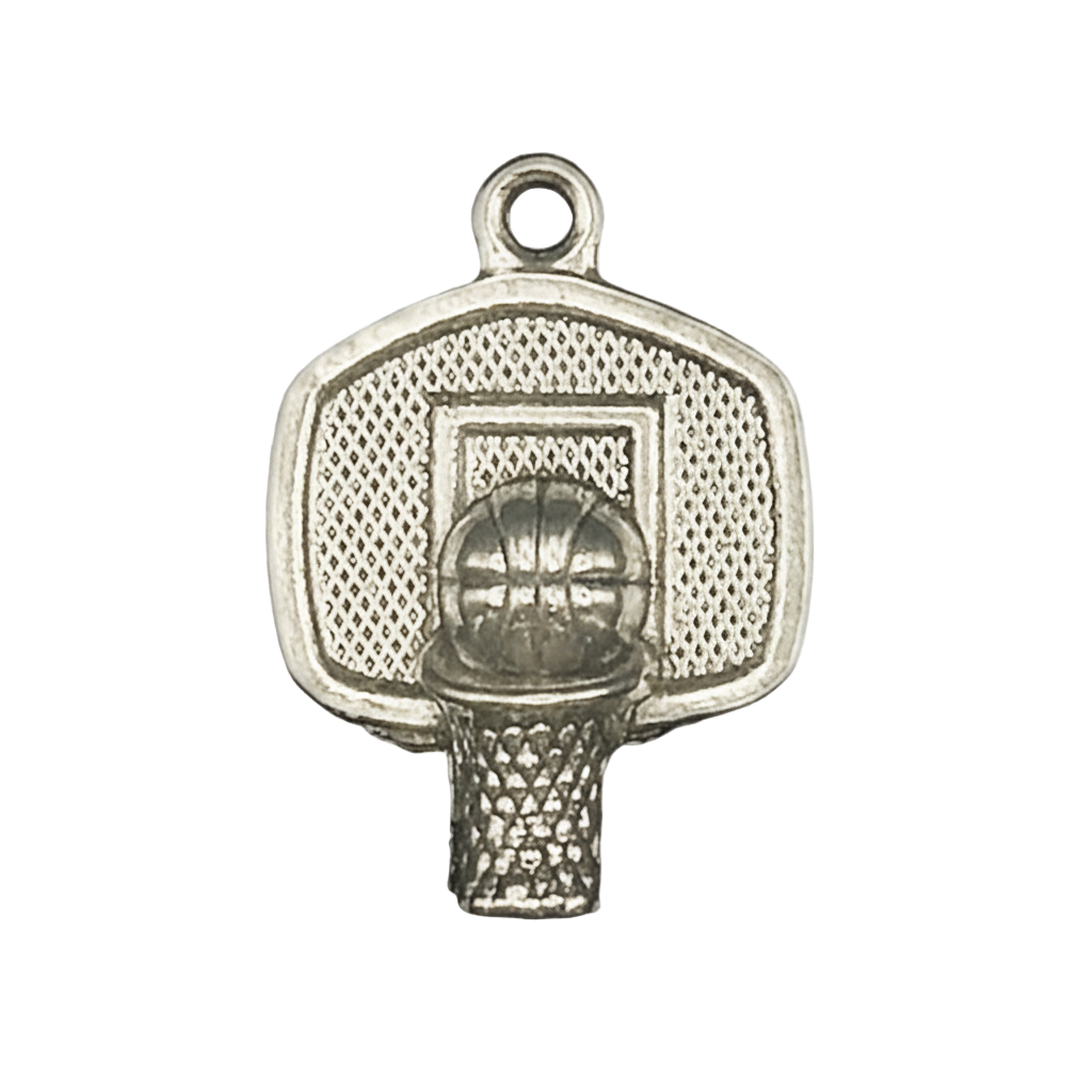 close-up of silver basketball hoop charm on black background