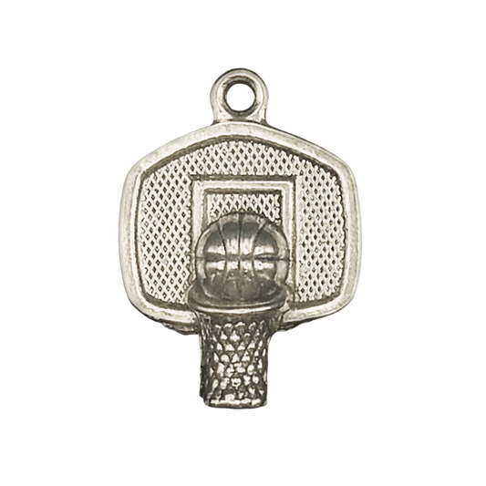 close-up of silver basketball hoop charm on black background