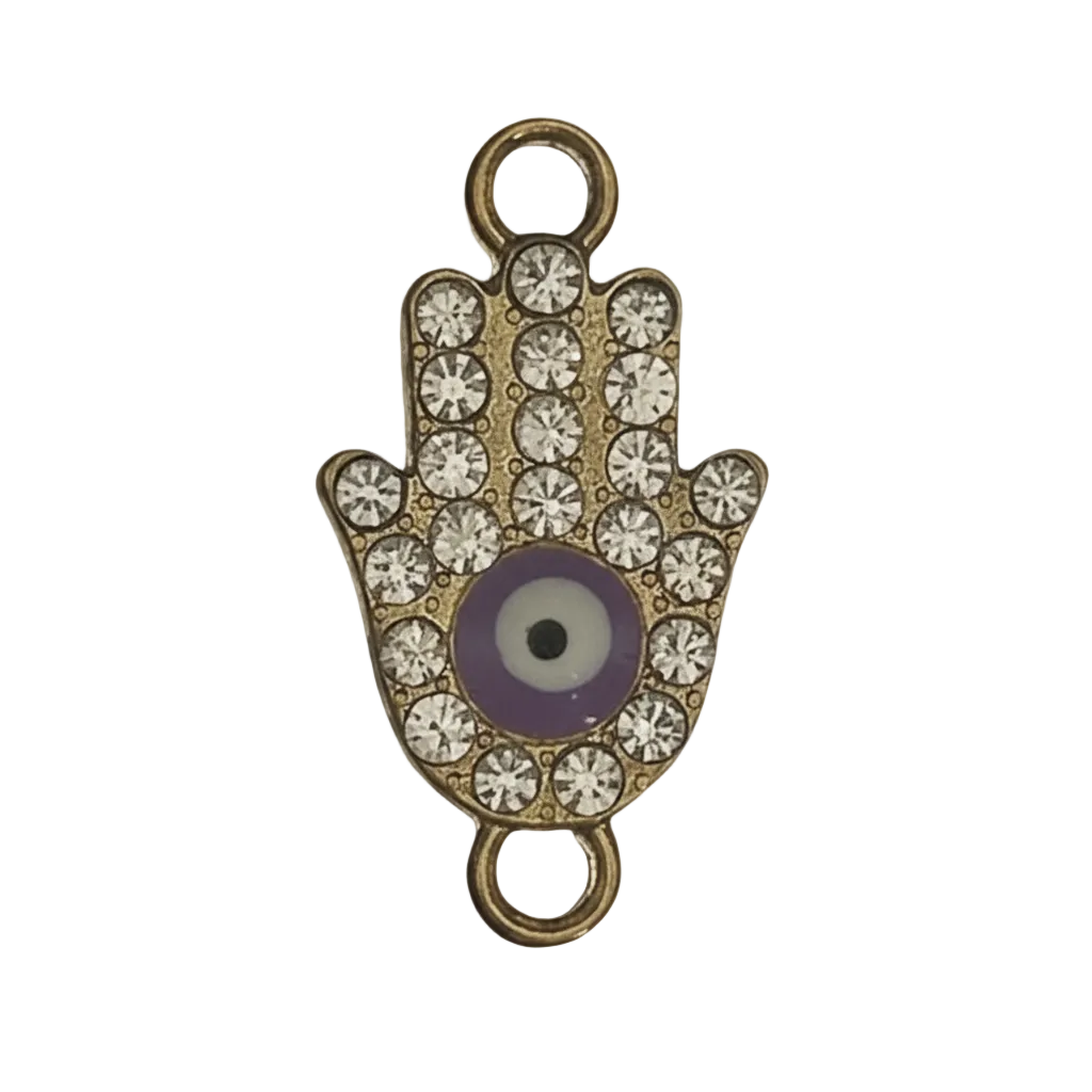 close-up of gold hamsa hand charm with clear rhinestones and purple evil eye