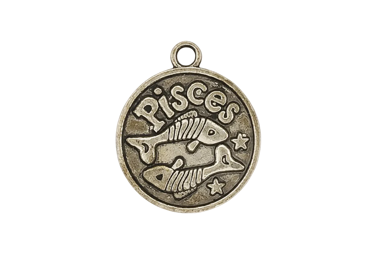 close-up of round bronze pisces charm with two fish and stars