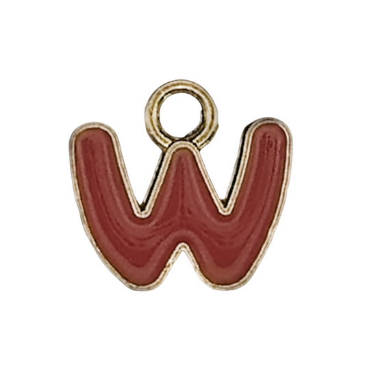 close-up of a red enamel letter W charm with gold outline