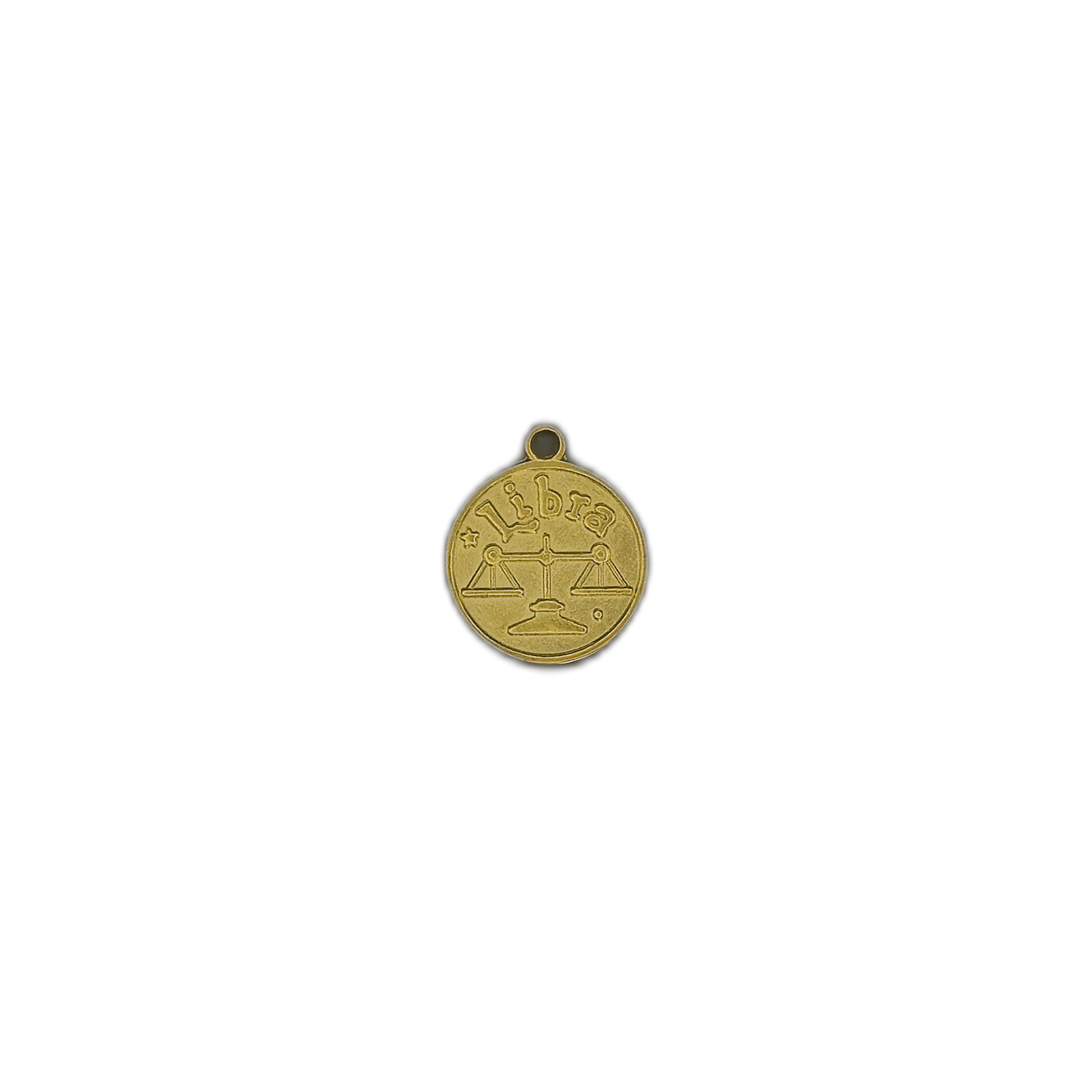 Small gold-tone Libra coin charm centered on a black background.