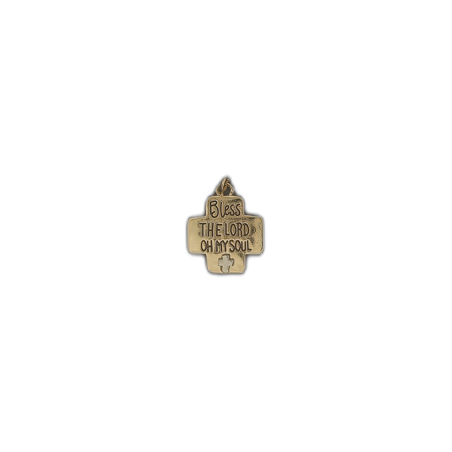 gold cross-shaped charm with the phrase 'Bless the Lord Oh My Soul' centered on a black background