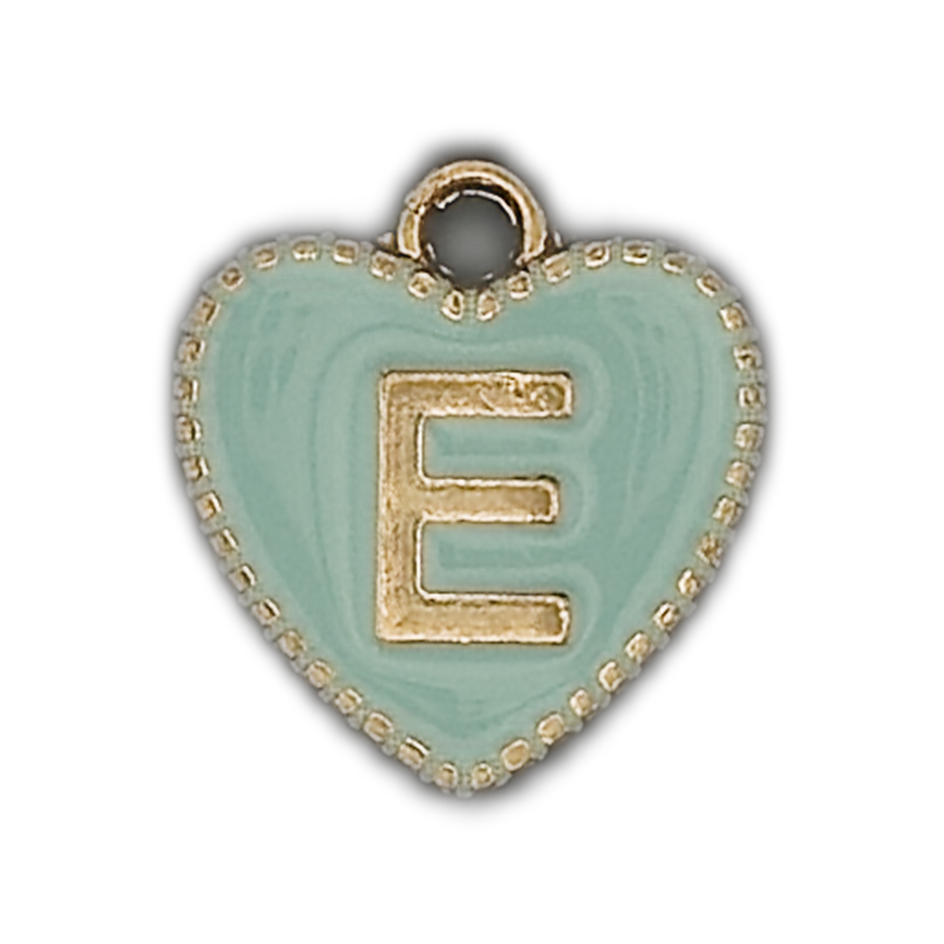 close-up of mint enamel heart charm with gold letter E