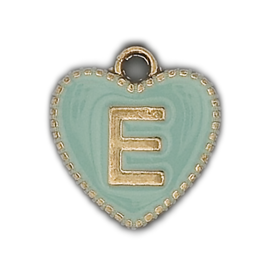 close-up of mint enamel heart charm with gold letter E
