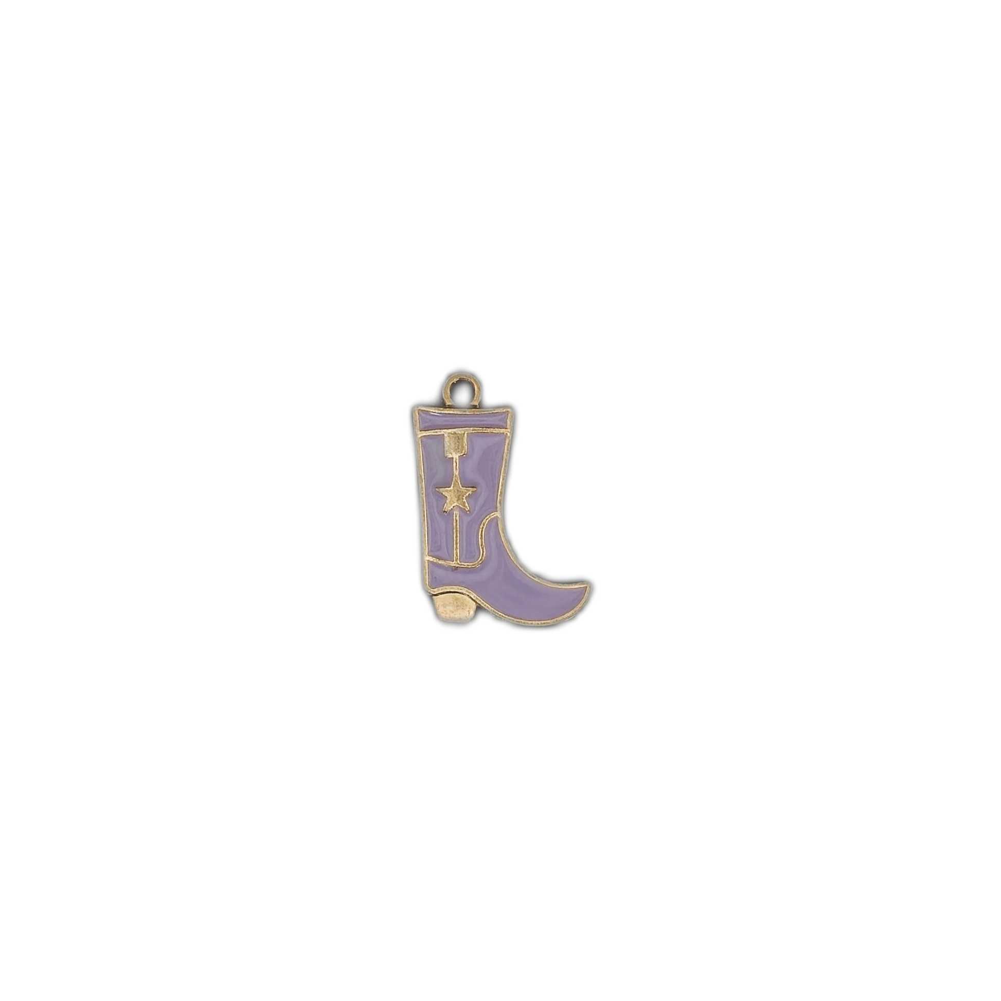 Small purple cowboy boot charm centered on a black background.
