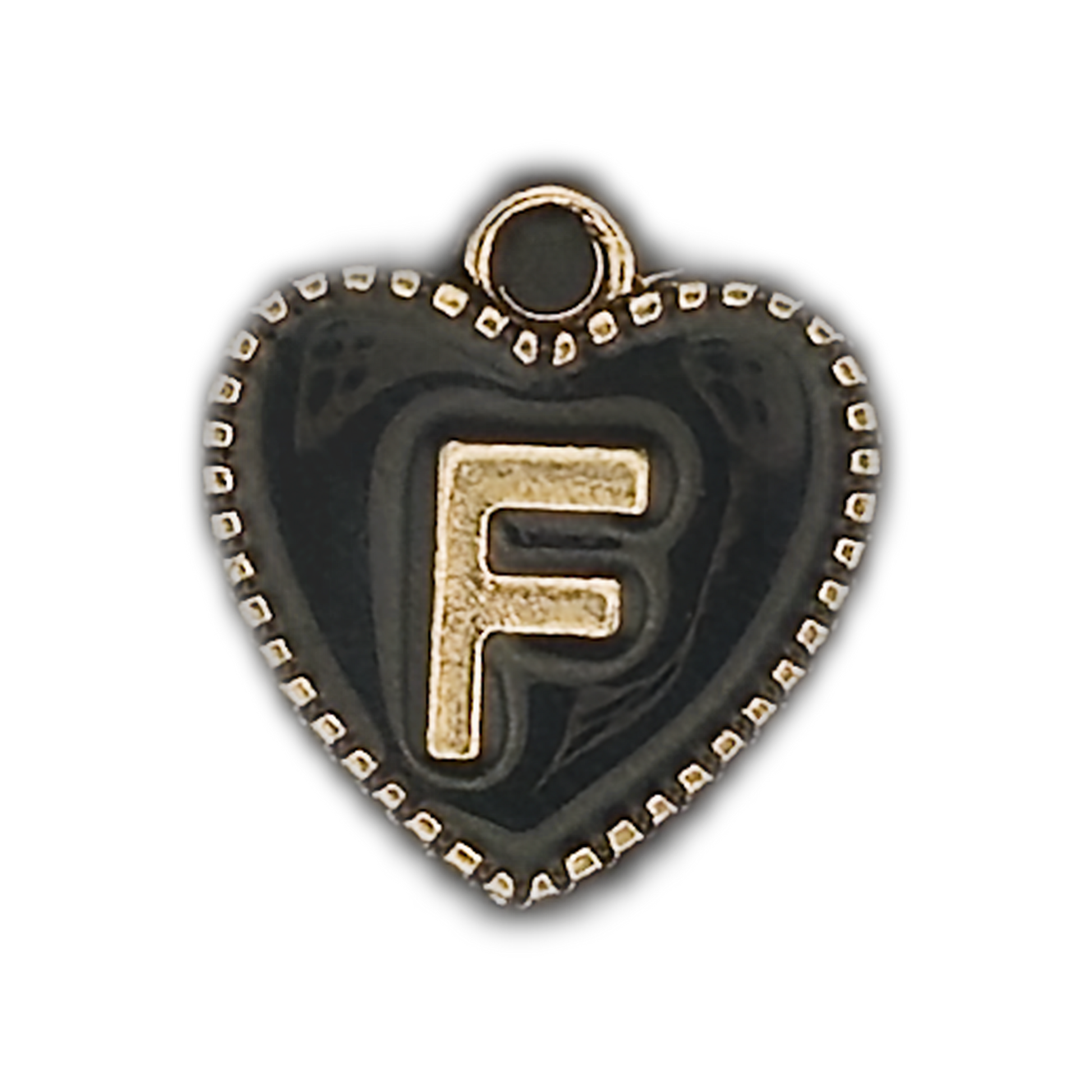 Close-up of a black heart-shaped charm with a gold letter F and dotted border.