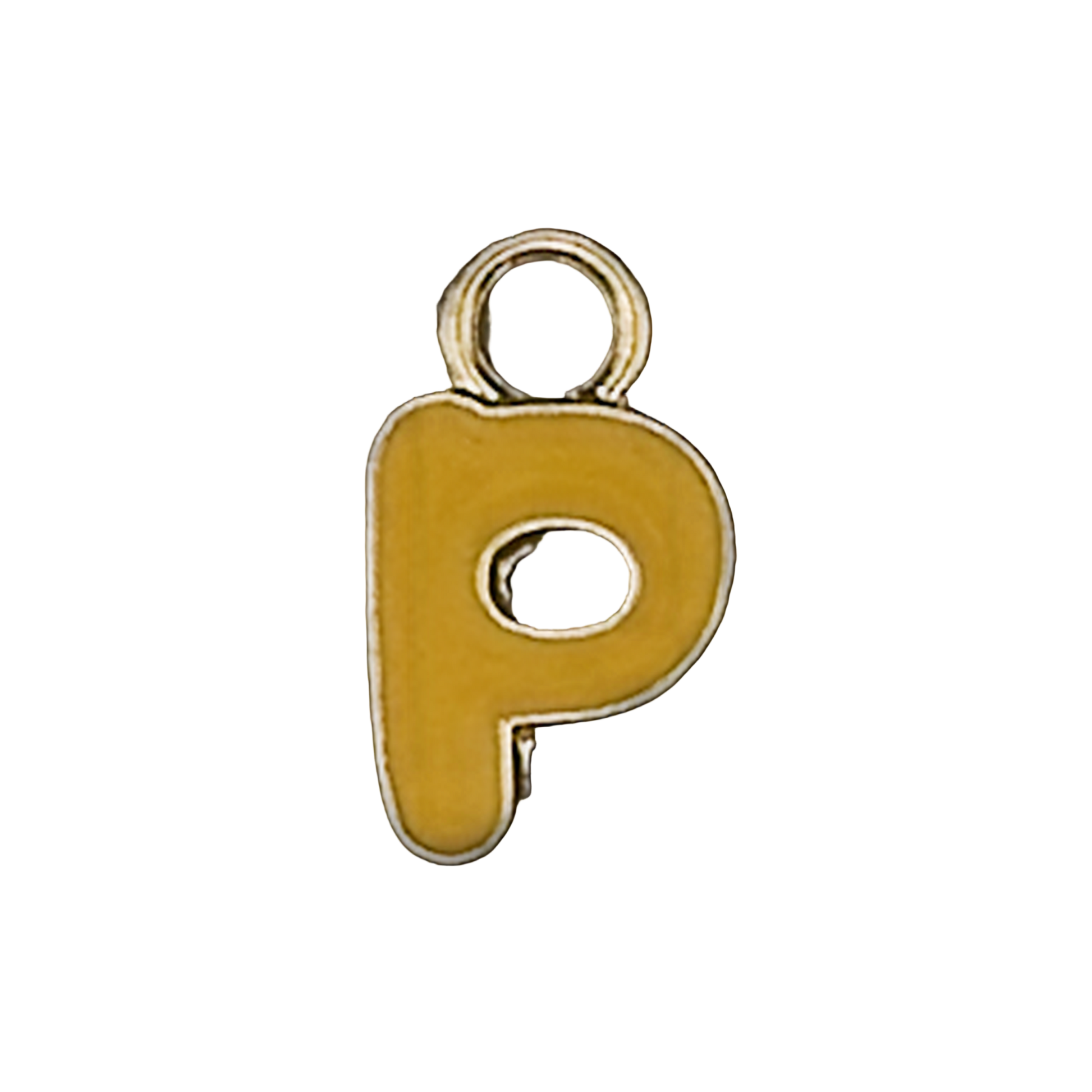 close-up of a small yellow lowercase letter p charm with gold outline on a black background